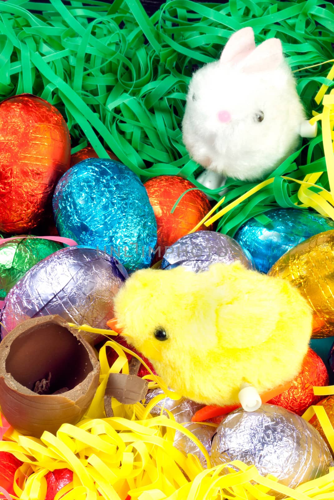 Close-up of a fluffy yellow chick racing a fluffy white bunny over a pile of colorful eggs and grasses to a chocolate egg.