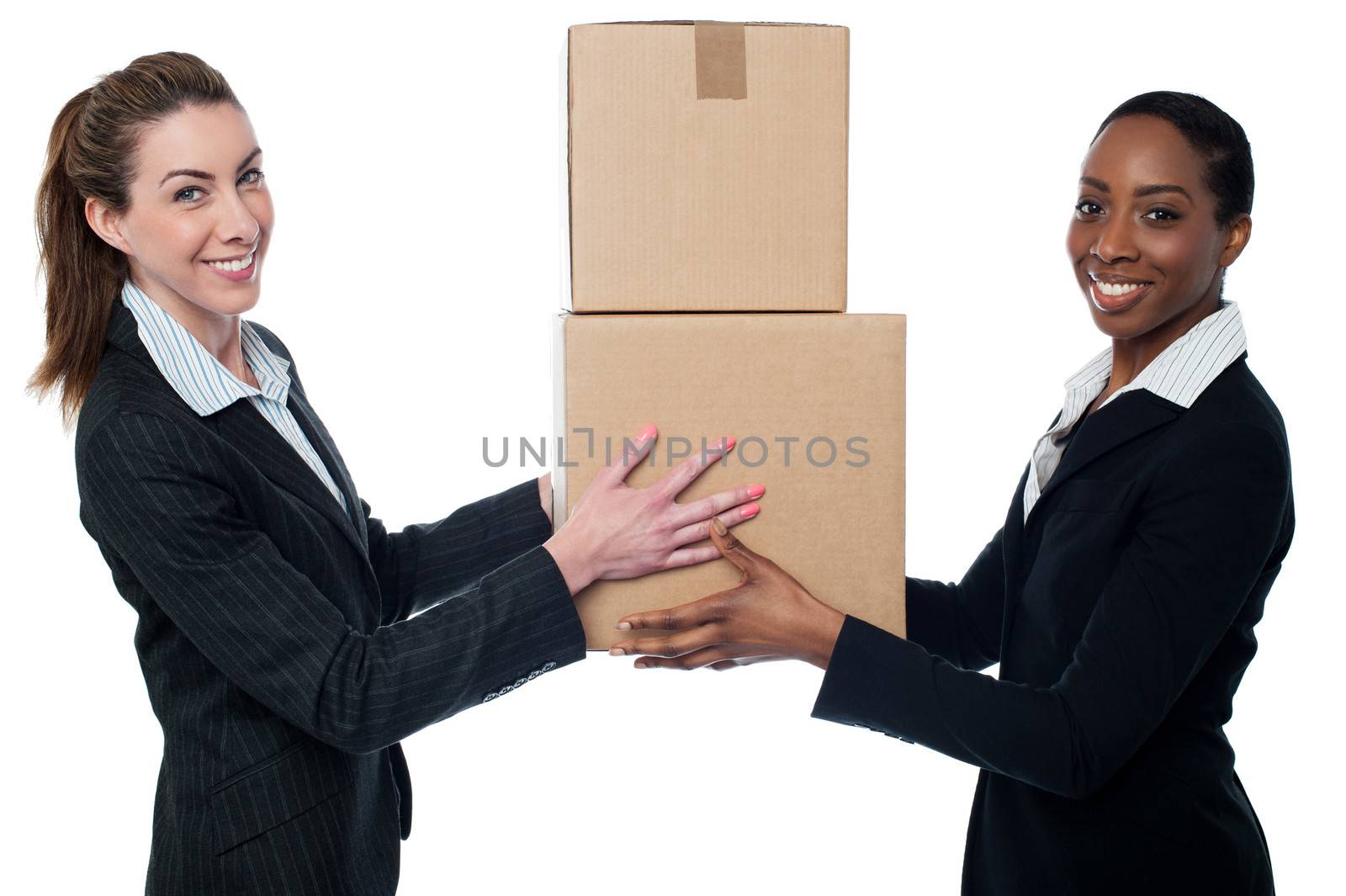 Woman handing over cardboard boxes