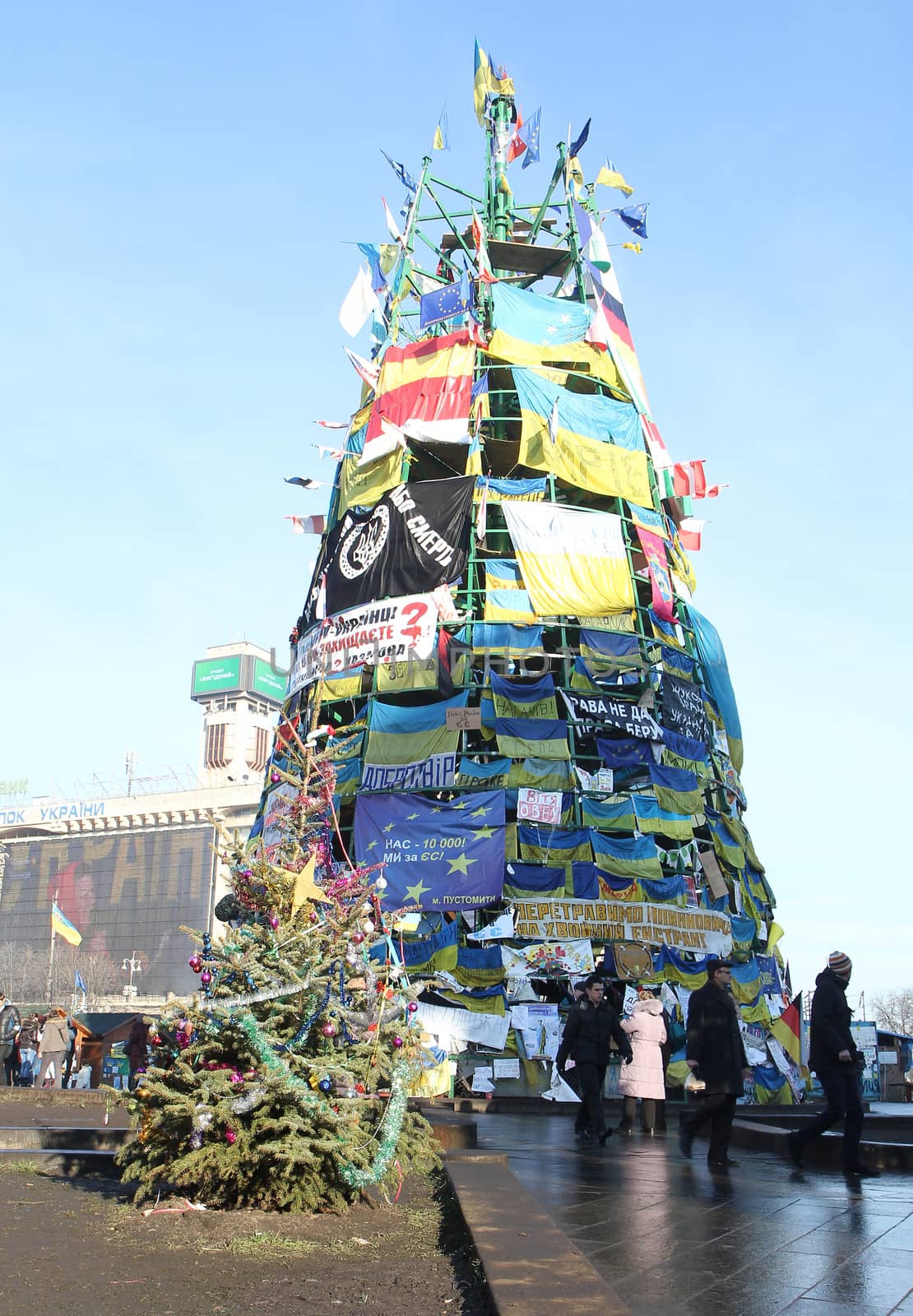 KIEV, UKRAINE - DECEMBER 24: New year tree during anti-governmental and pro-European integration protests on December 24, 2013 in Kiev, Ukraine