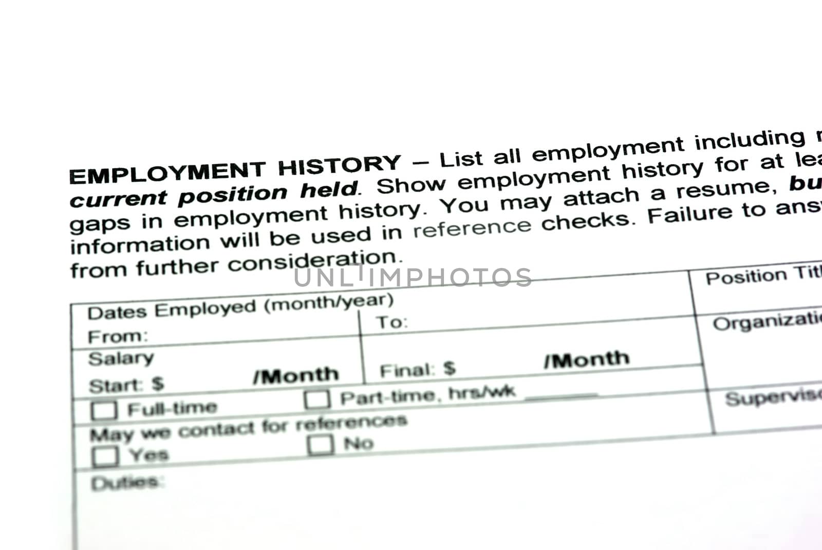 Employment history on a empty job application.