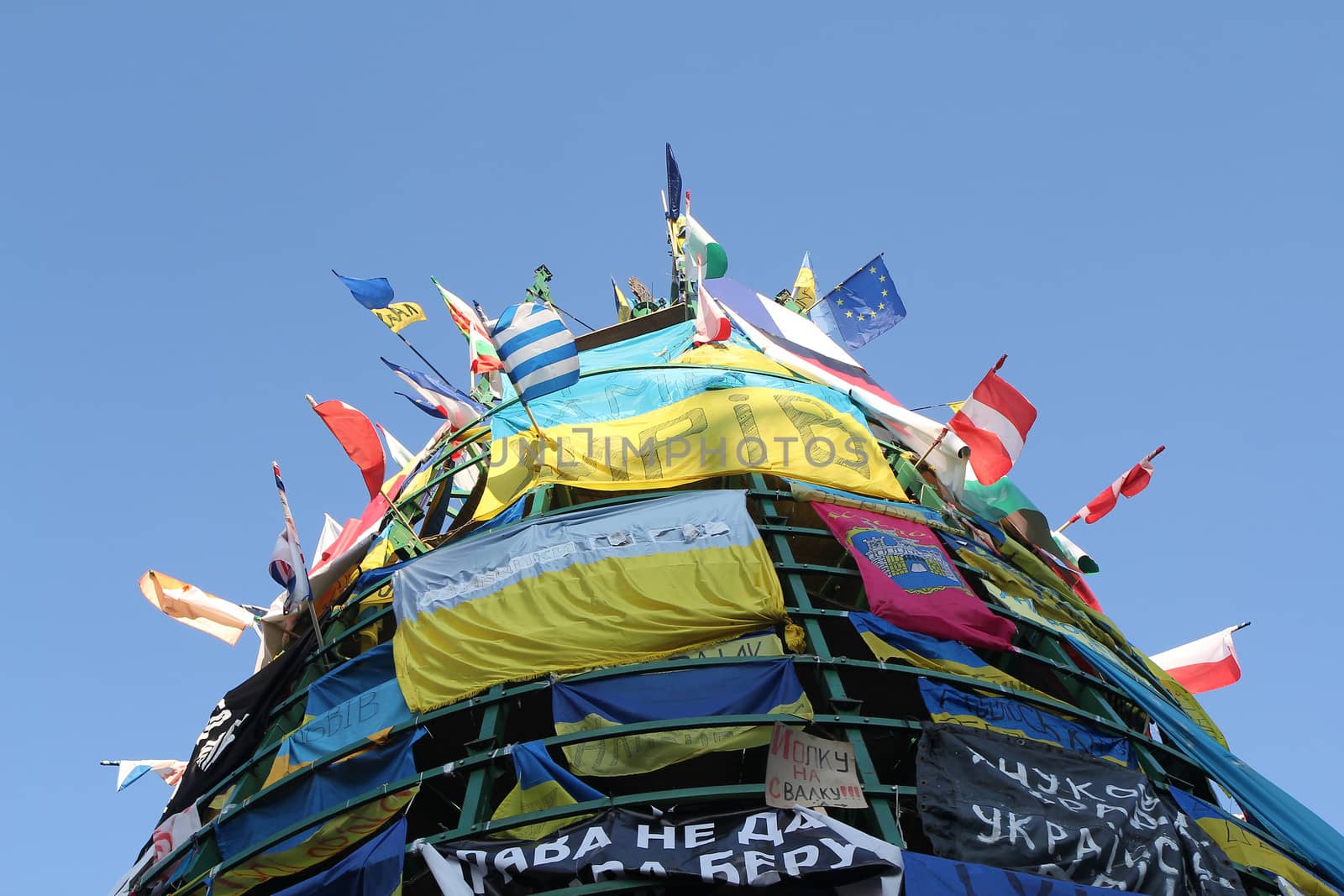 KIEV, UKRAINE - DECEMBER 24: New year tree during anti-governmental and pro-European integration protests on December 24, 2013 in Kiev, Ukraine