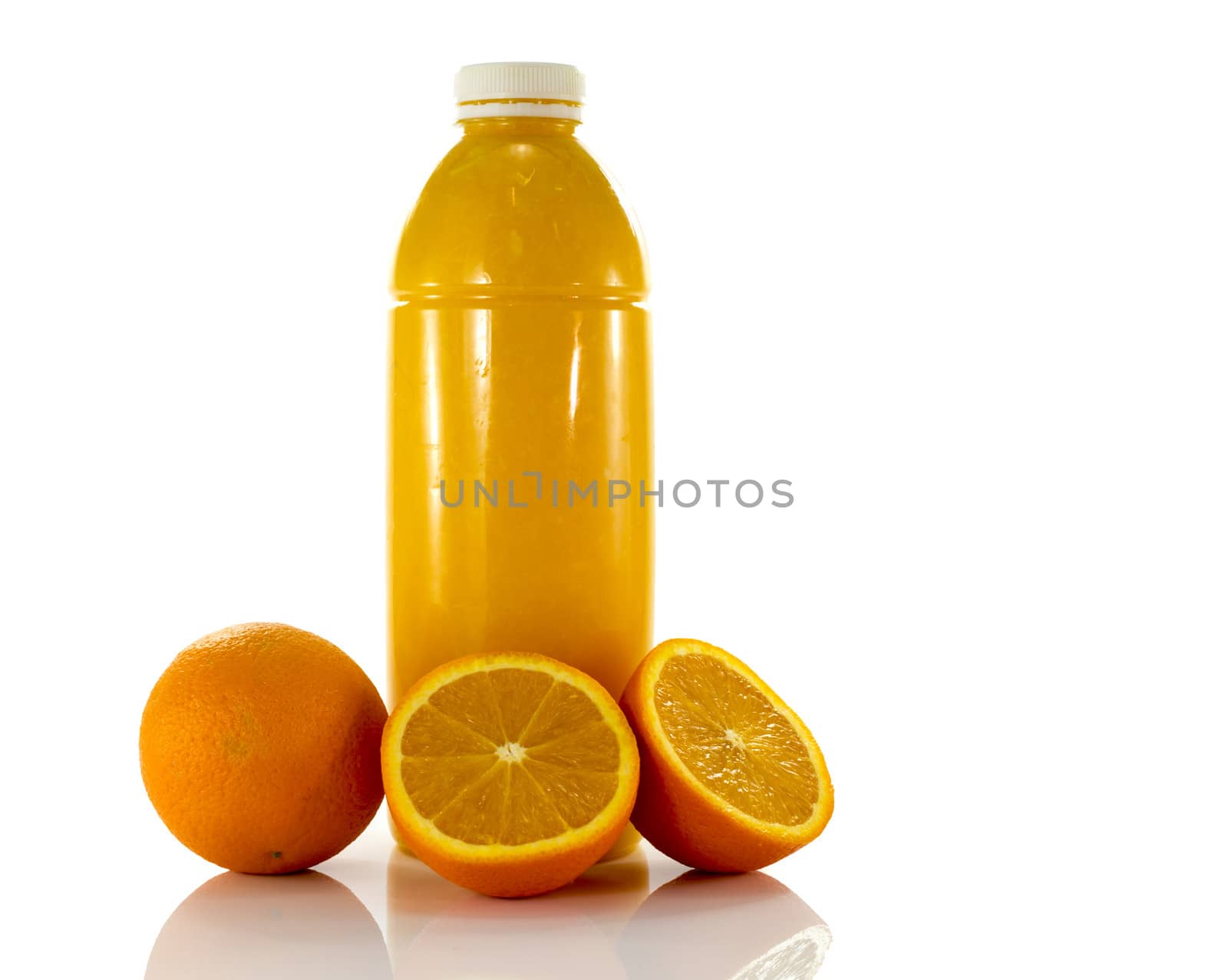 bottle with fresh orange juice isolate on white