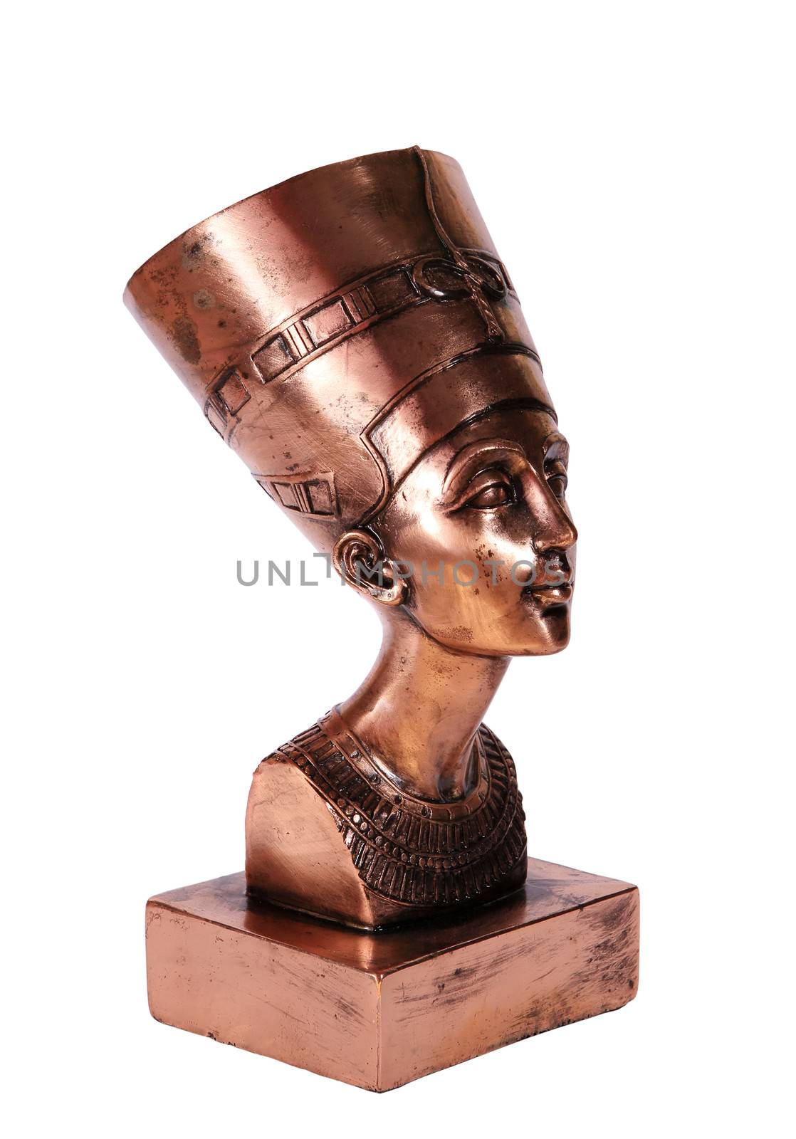 Statuette of Egyptian Queen Nefertiti on white background (souvenir)