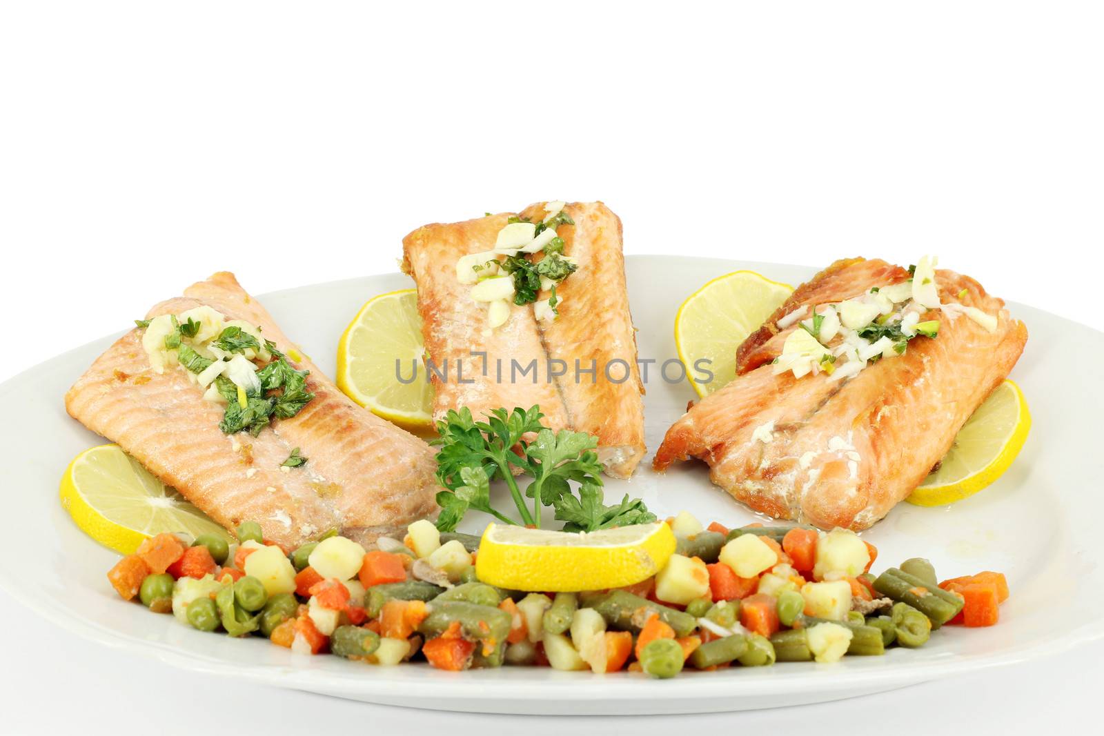 seafood salmon portion and vegetables by goce