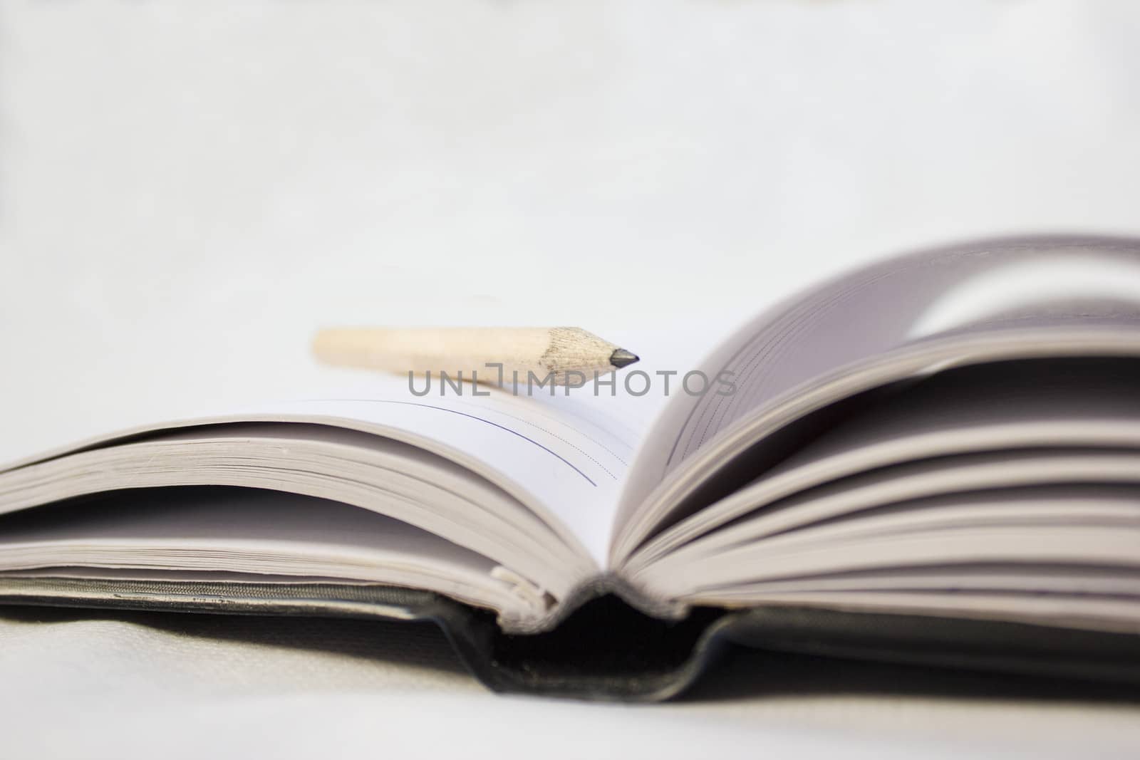 Pencil on a open blank book with hardcovers.