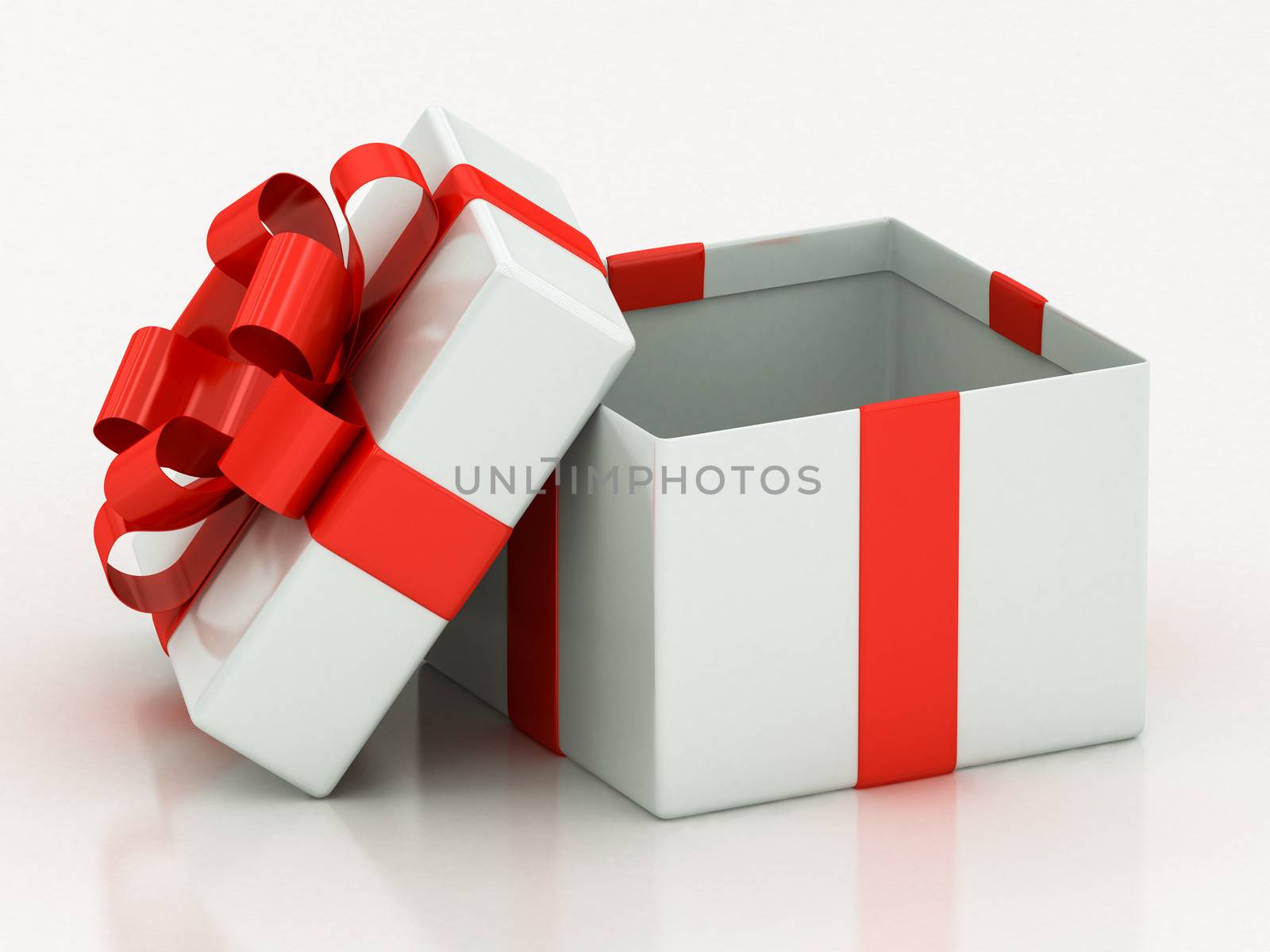open white gift boxes with red ribbon on a white background