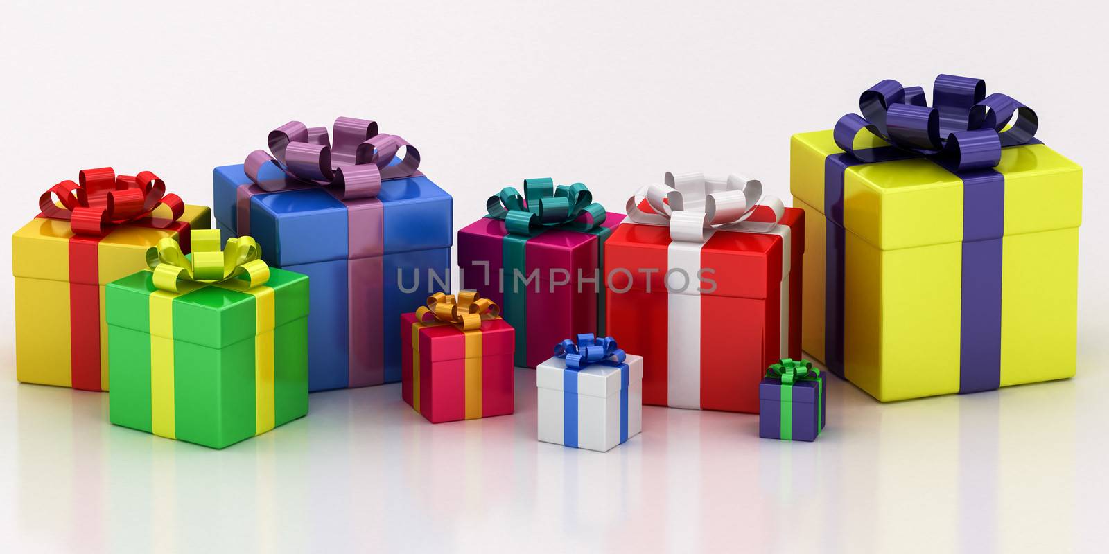 many-colored gift boxes with varicolored ribbon on a white background