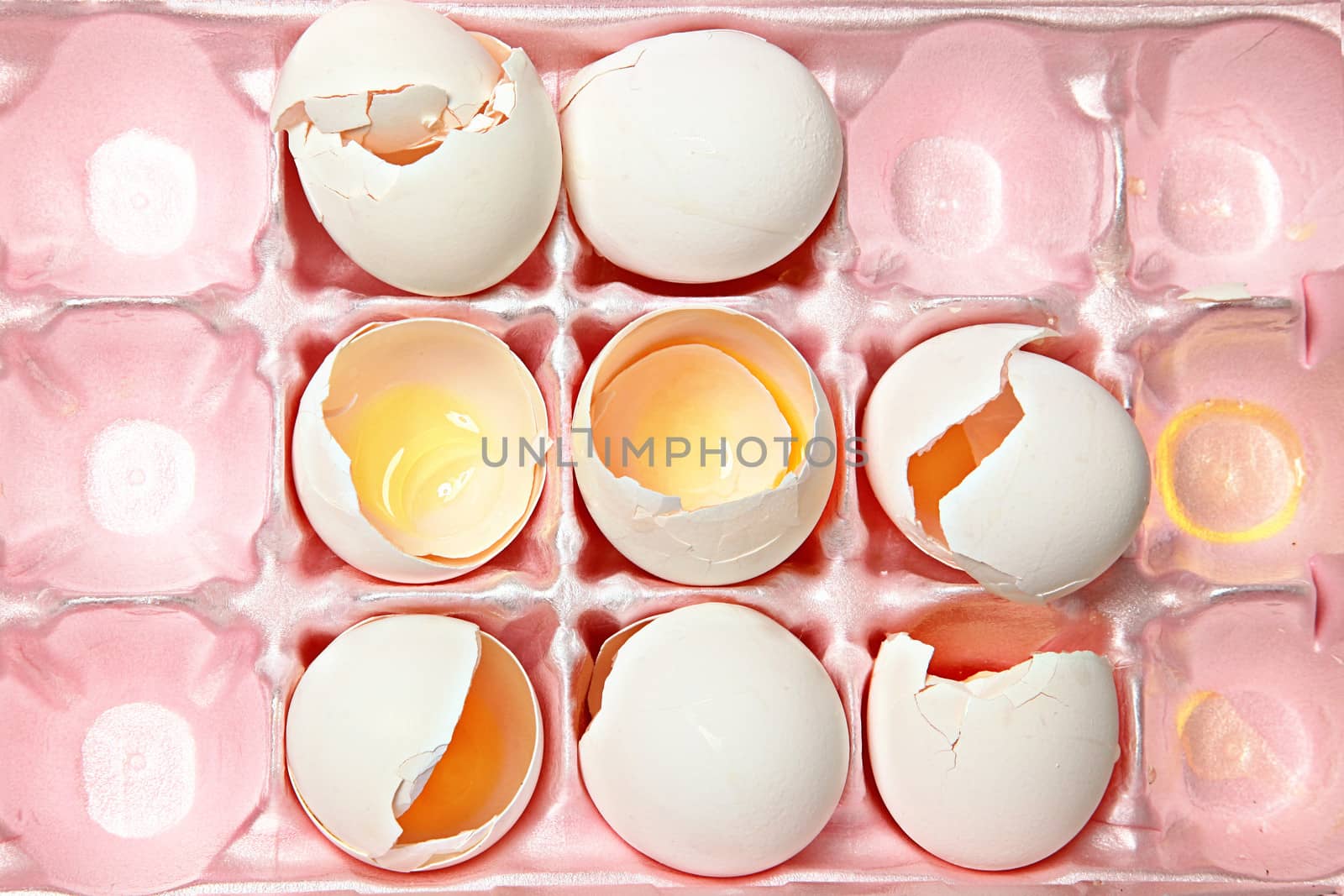 Broken Egg Shells in Pink Styrofoam Carton by duplass