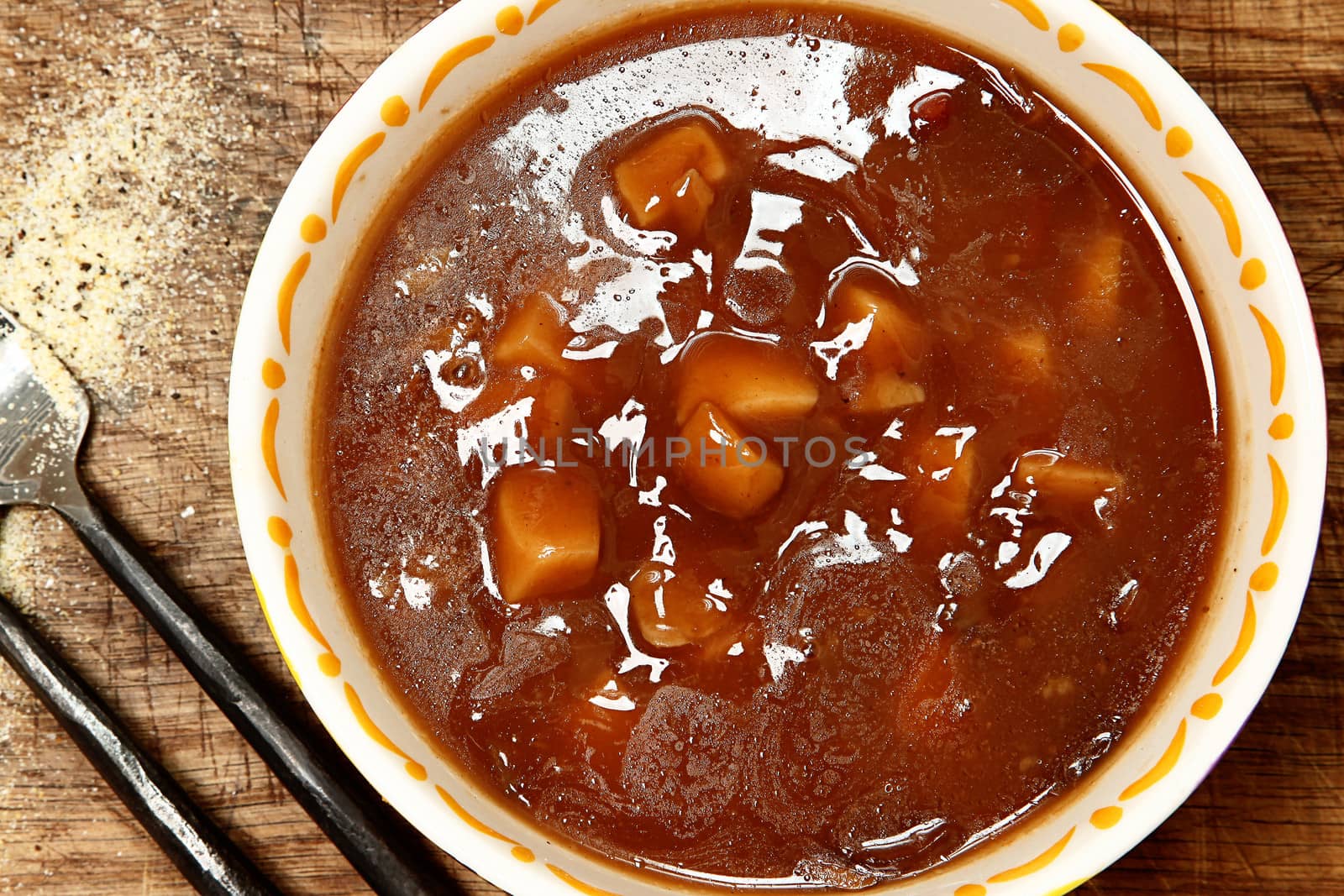 Canned Beef Potato Soup in Bowl on Table