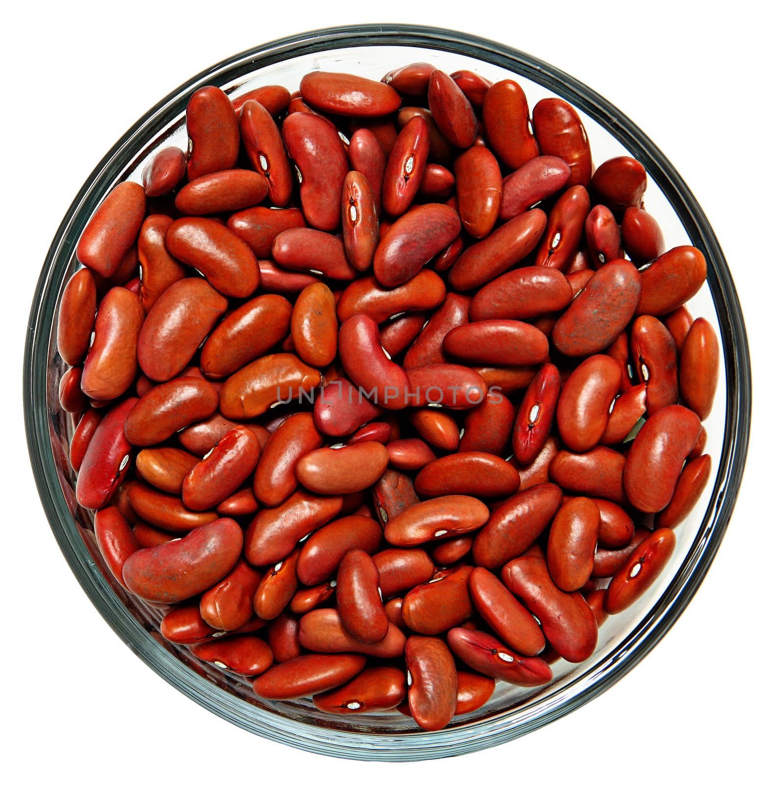Raw Unwashed Dirty Red Beans in glass bowl over white.