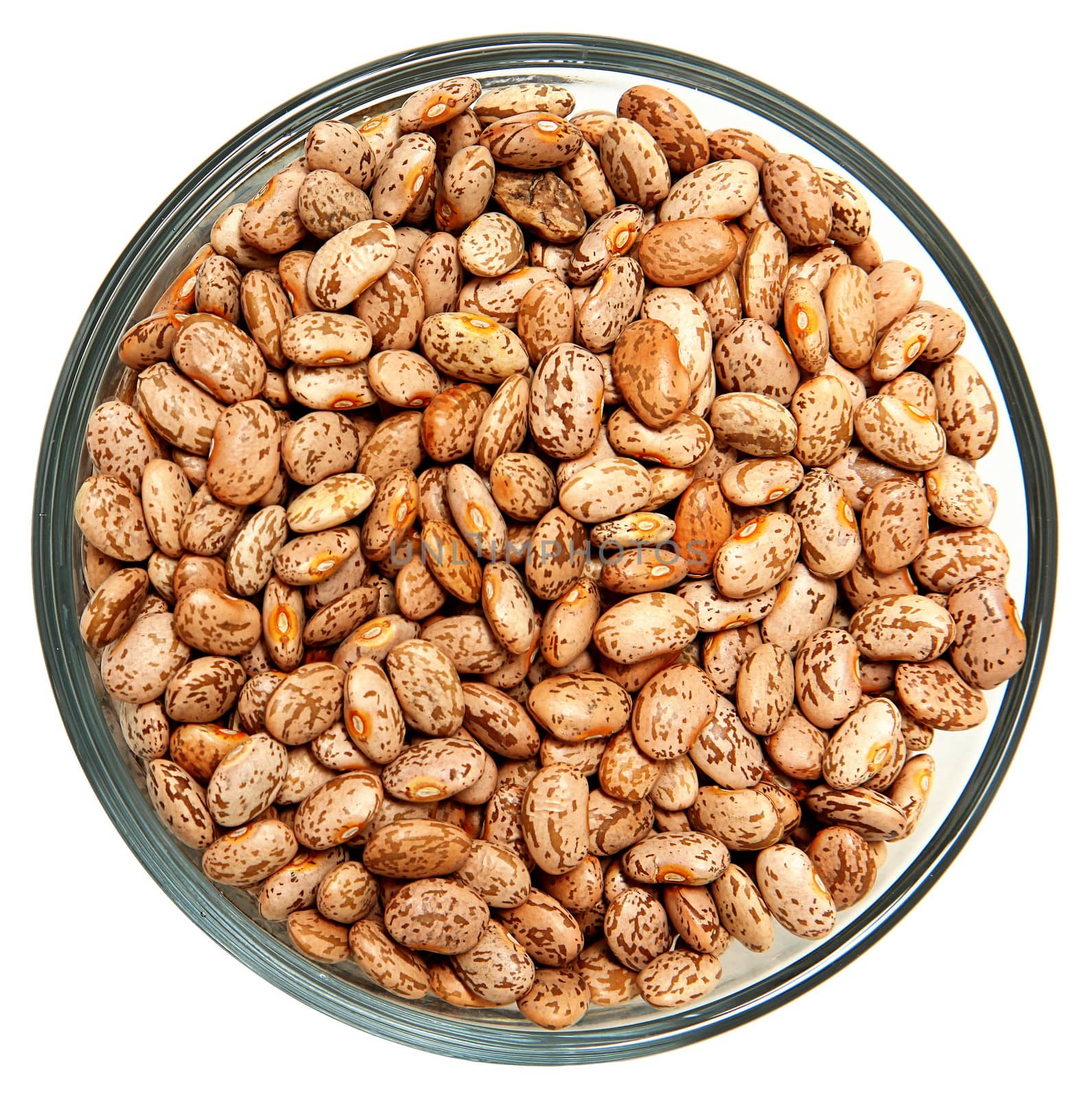 Pinto Beans Raw Unwashed in Glass Bowl Over White