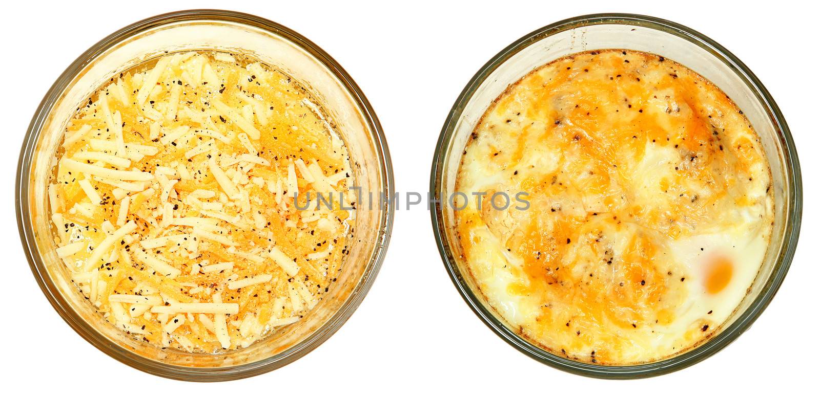 Before and After of Raw and Baked eggs with cheese and pepper.