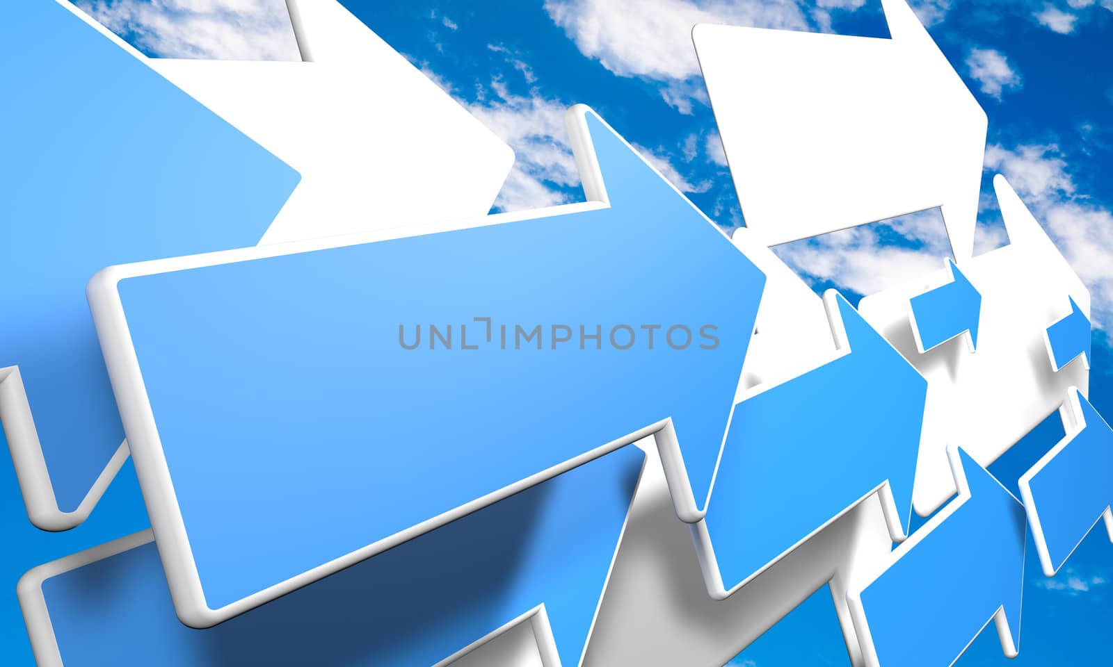 3d render with blue and white arrows flying upwards in a blue sky with clouds