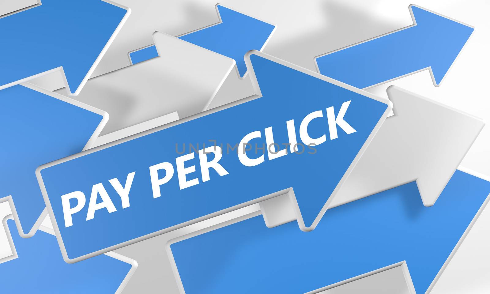 Pay per Click 3d render concept with blue and white arrows flying upwards over a white background.