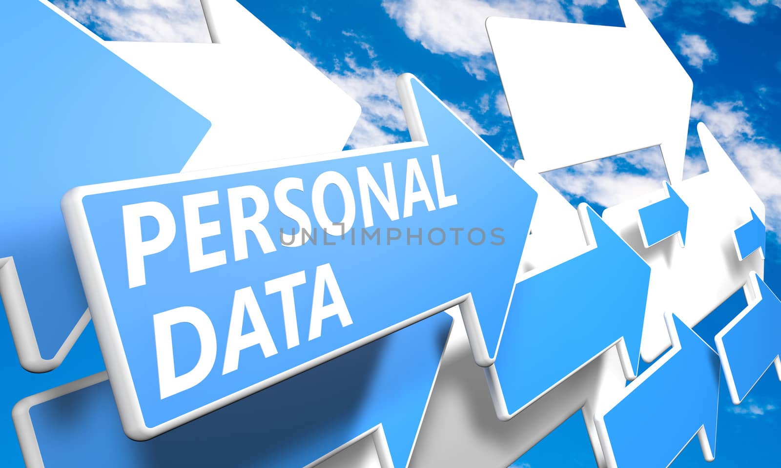 Personal Data 3d render concept with blue and white arrows flying upwards in a blue sky with clouds