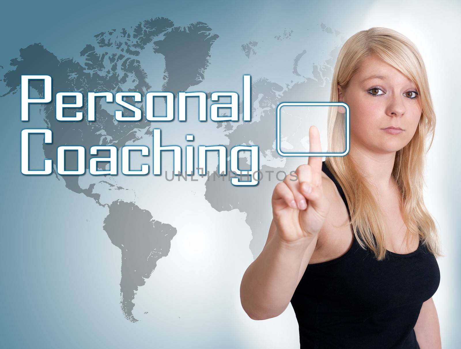 Young woman press digital Personal Coaching button on interface in front of her