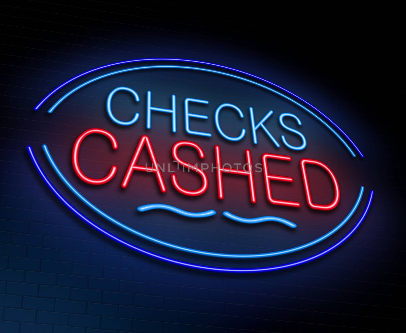 Illustration depicting an illuminated neon sign with a checks cashed concept.