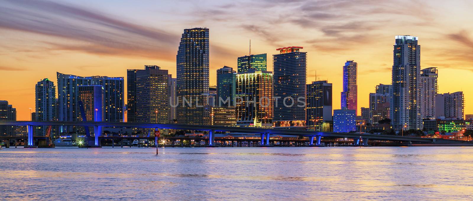 Miami Florida, sunset  with business and residential buildings, panoramic view