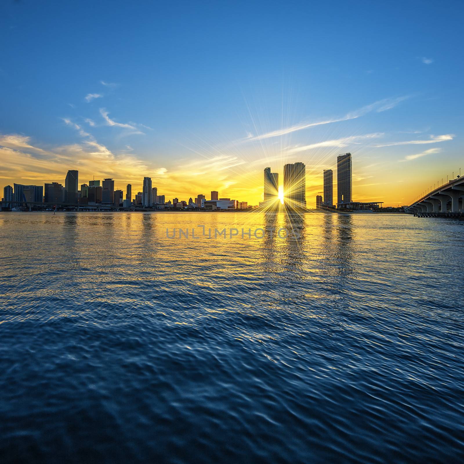 Miami Florida, sunset  with business and residential buildings, USA 