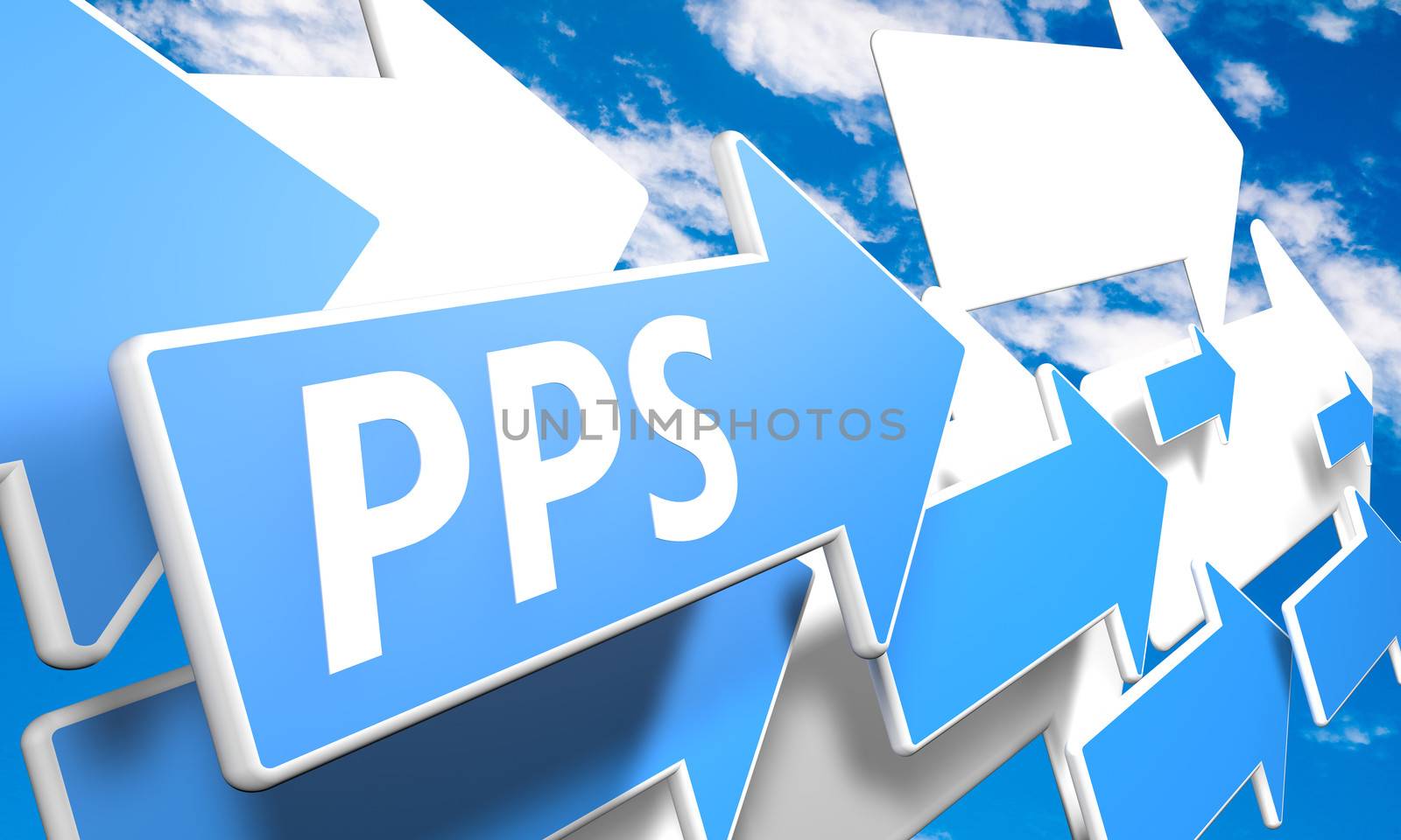 Pay per Sale 3d render concept with blue and white arrows flying upwards in a blue sky with clouds