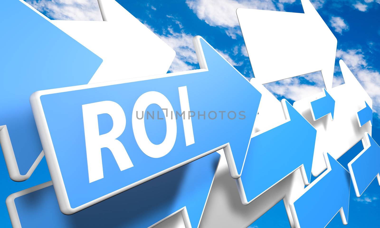 Return on Investment 3d render concept with blue and white arrows flying upwards in a blue sky with clouds
