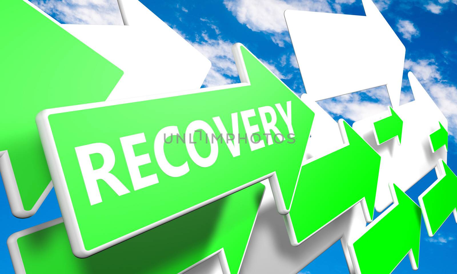 Recovery 3d render concept with green and white arrows flying upwards in a blue sky with clouds