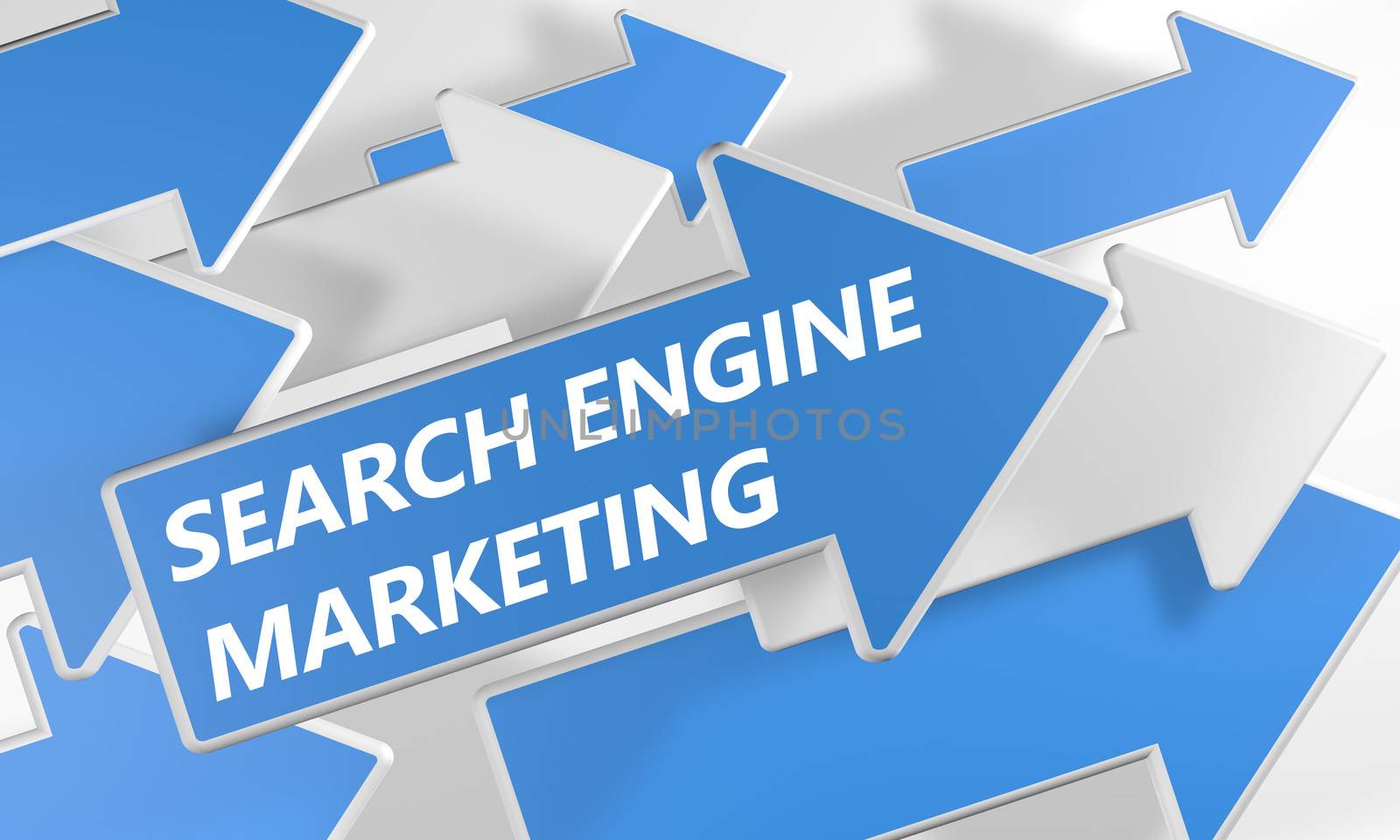 Search Engine Marketing 3d render concept with blue and white arrows flying upwards over a white background.