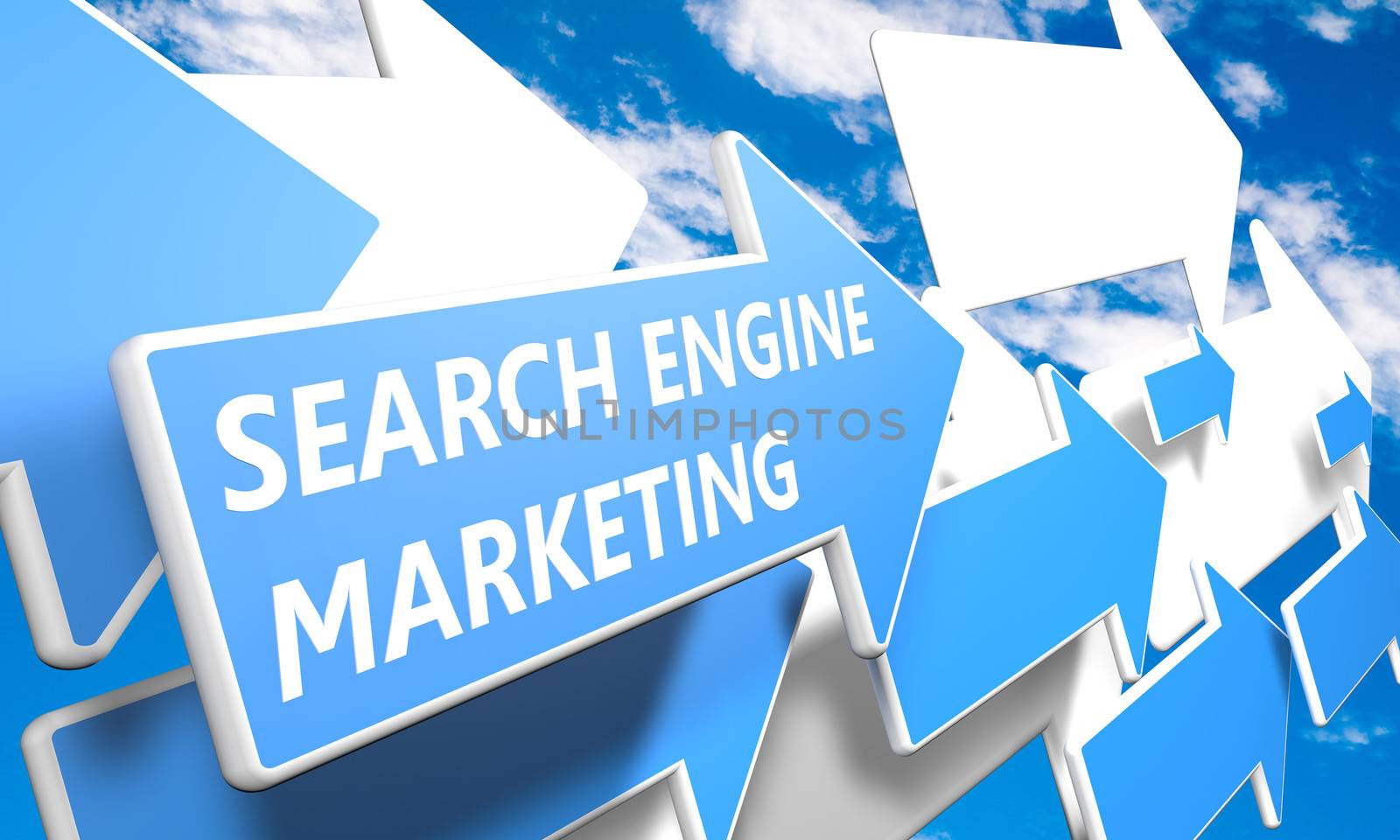 Search Engine Marketing 3d render concept with blue and white arrows flying upwards in a blue sky with clouds