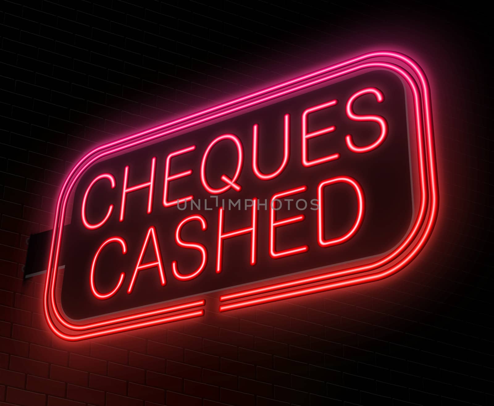 Illustration depicting an illuminated neon sign with a cheques cashed concept.