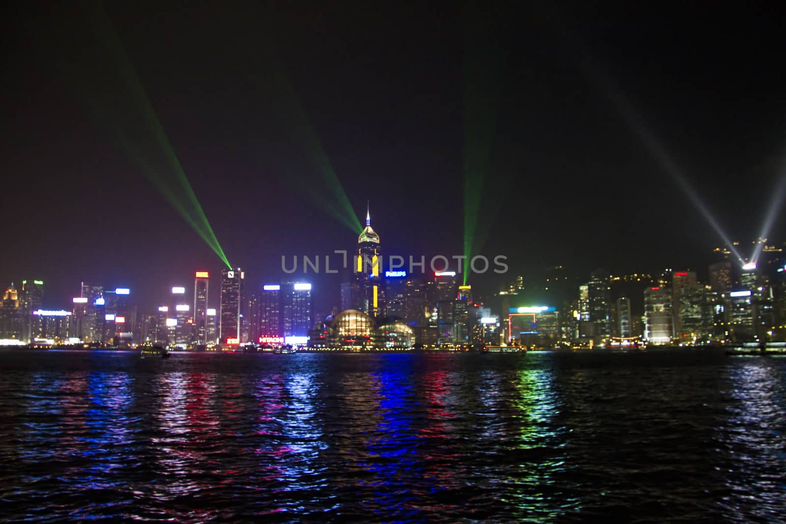 Beautiful  laser light show in Hong Kong victoria harbour
