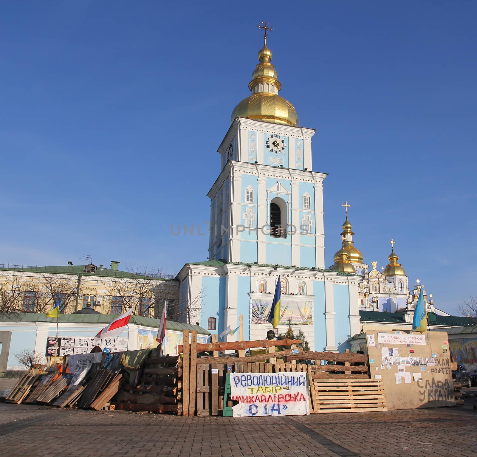 KIEV, UKRAINE - DECEMBER 24: Barricades near Mykhailivska church during anti-governmental and pro-European integration protests on December 24, 2013 in Kiev, Ukraine