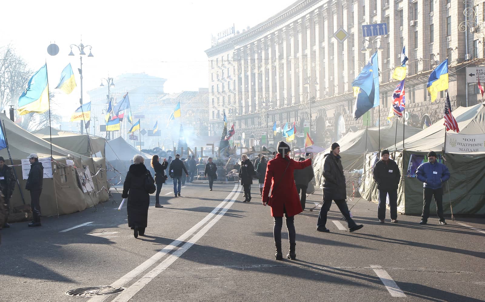 KIEV, UKRAINE - DECEMBER 24: Unidentified people during anti-governmental and pro-European integration protests on December 24, 2013 in Kiev, Ukraine