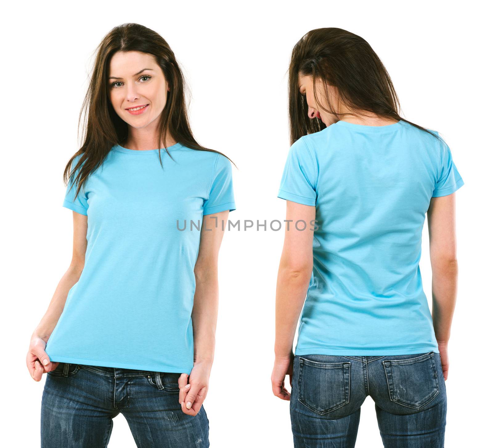 Photo of a beautiful brunette woman with blank light blue shirt. Ready for your design or artwork.
