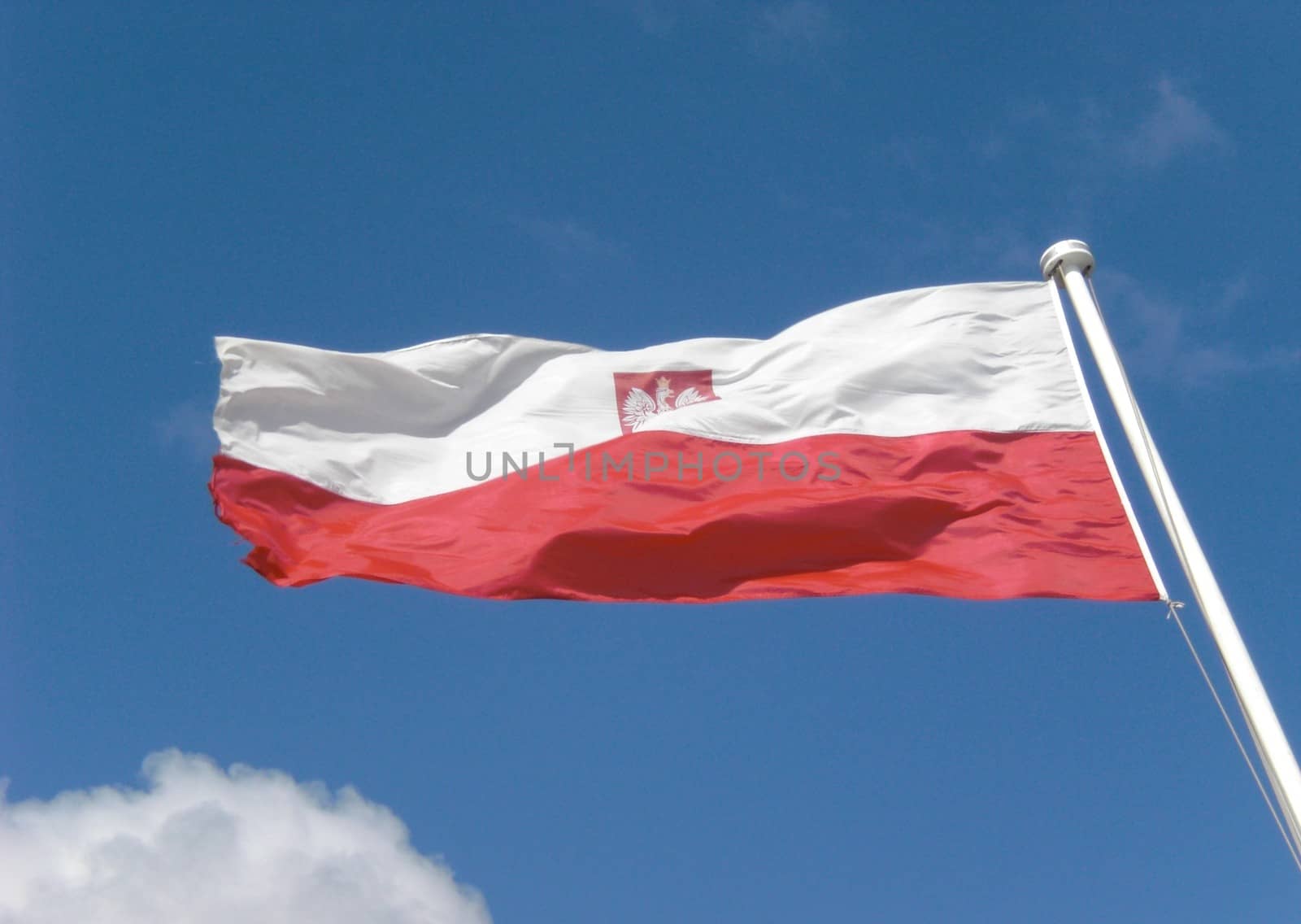 Poland Flag with Emblem on Flagstaff by fstockluk