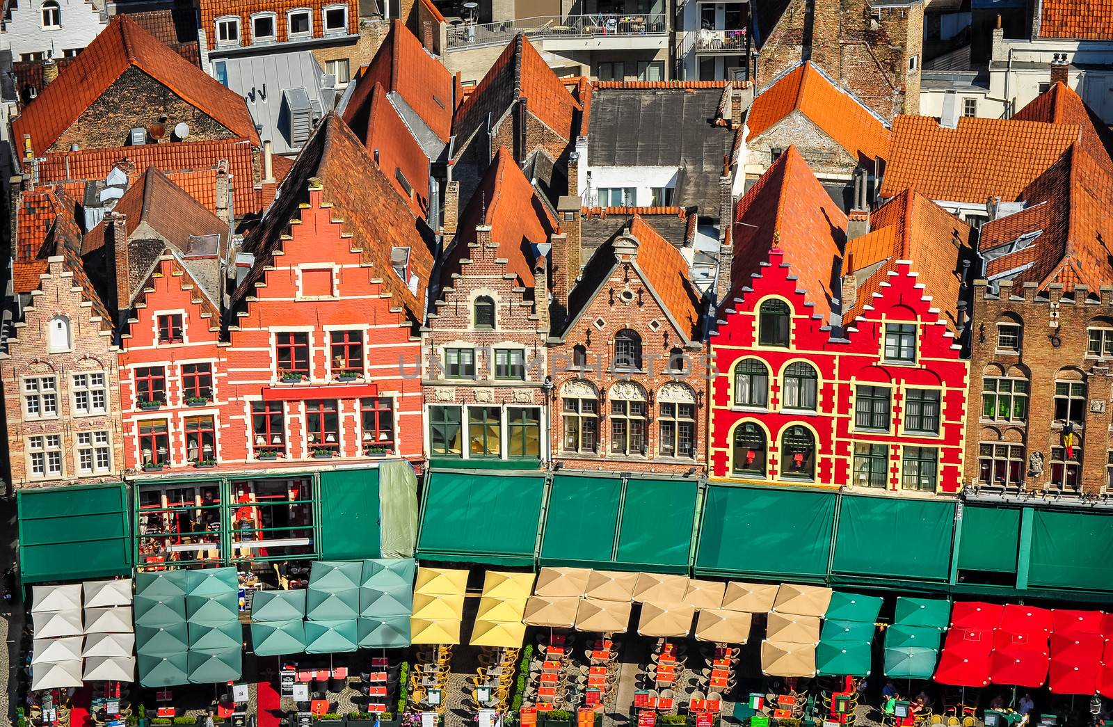 Aerial view of colorful square and houses in Bruges, Belgium