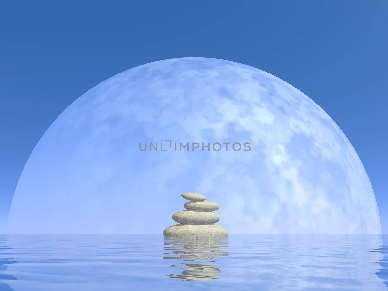 White stones upon water in front of big full moon by clear night