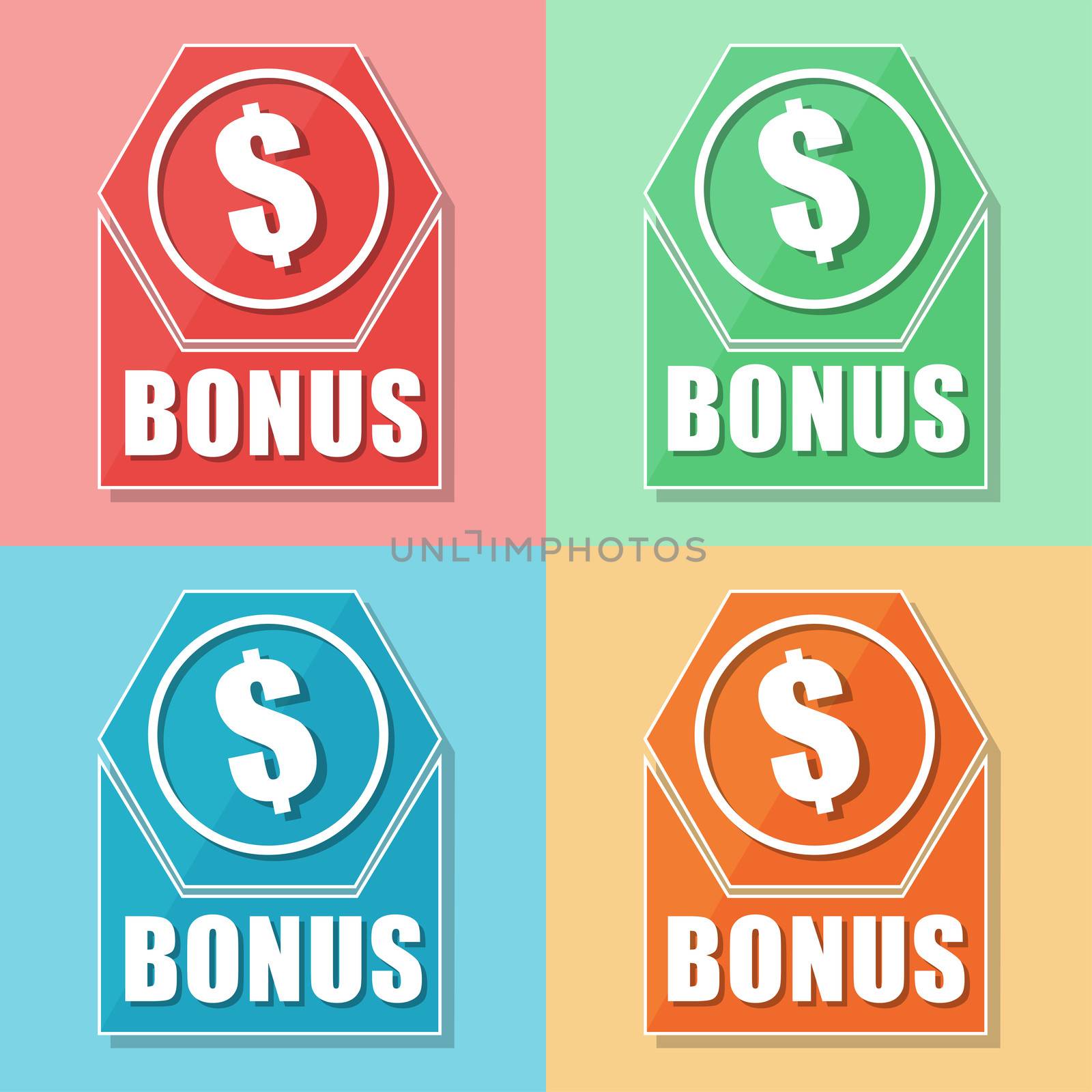 bonus and dollar sign, four colors web icons, flat design, business finance concept