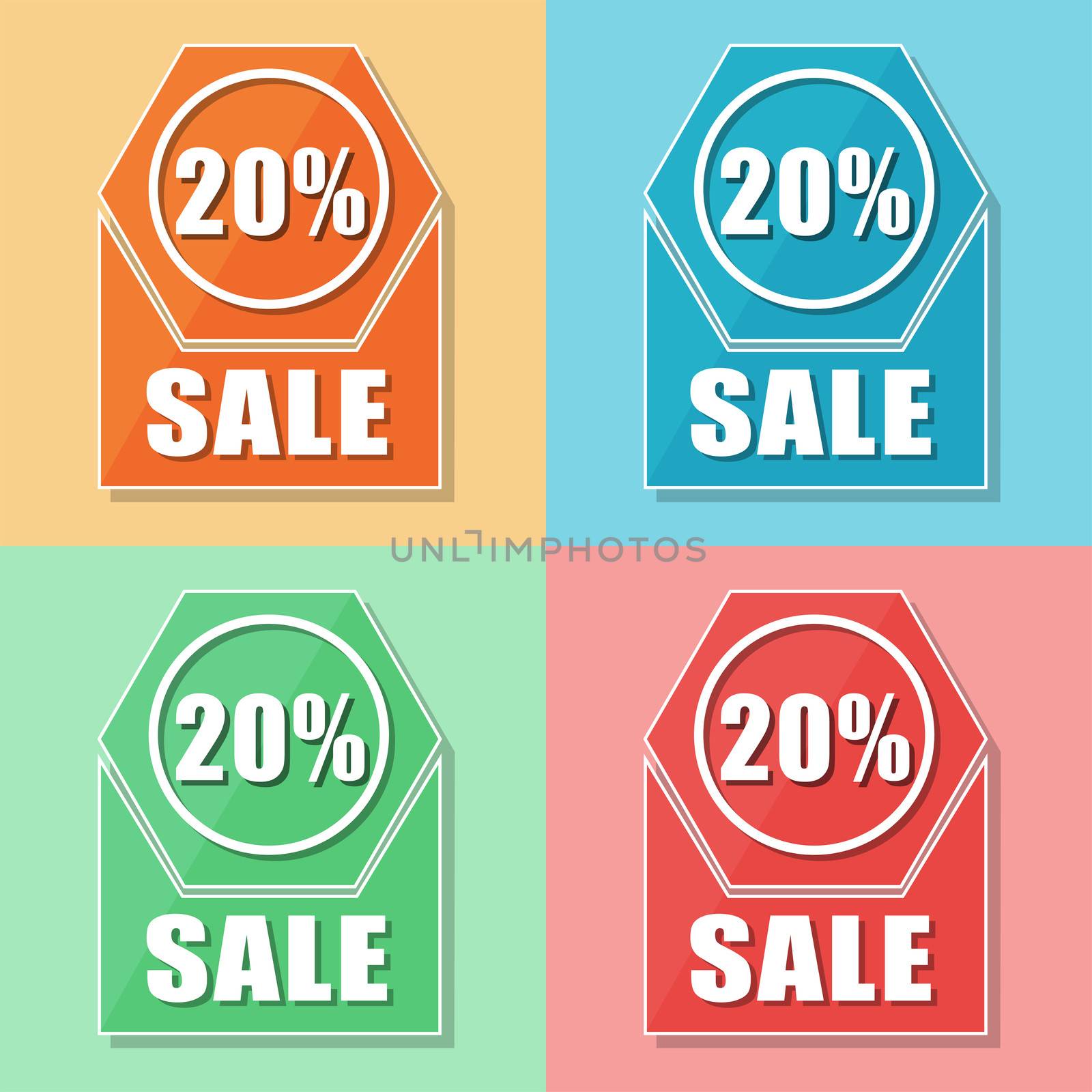 20 percentages sale, four colors web icons, flat design, business shopping concept