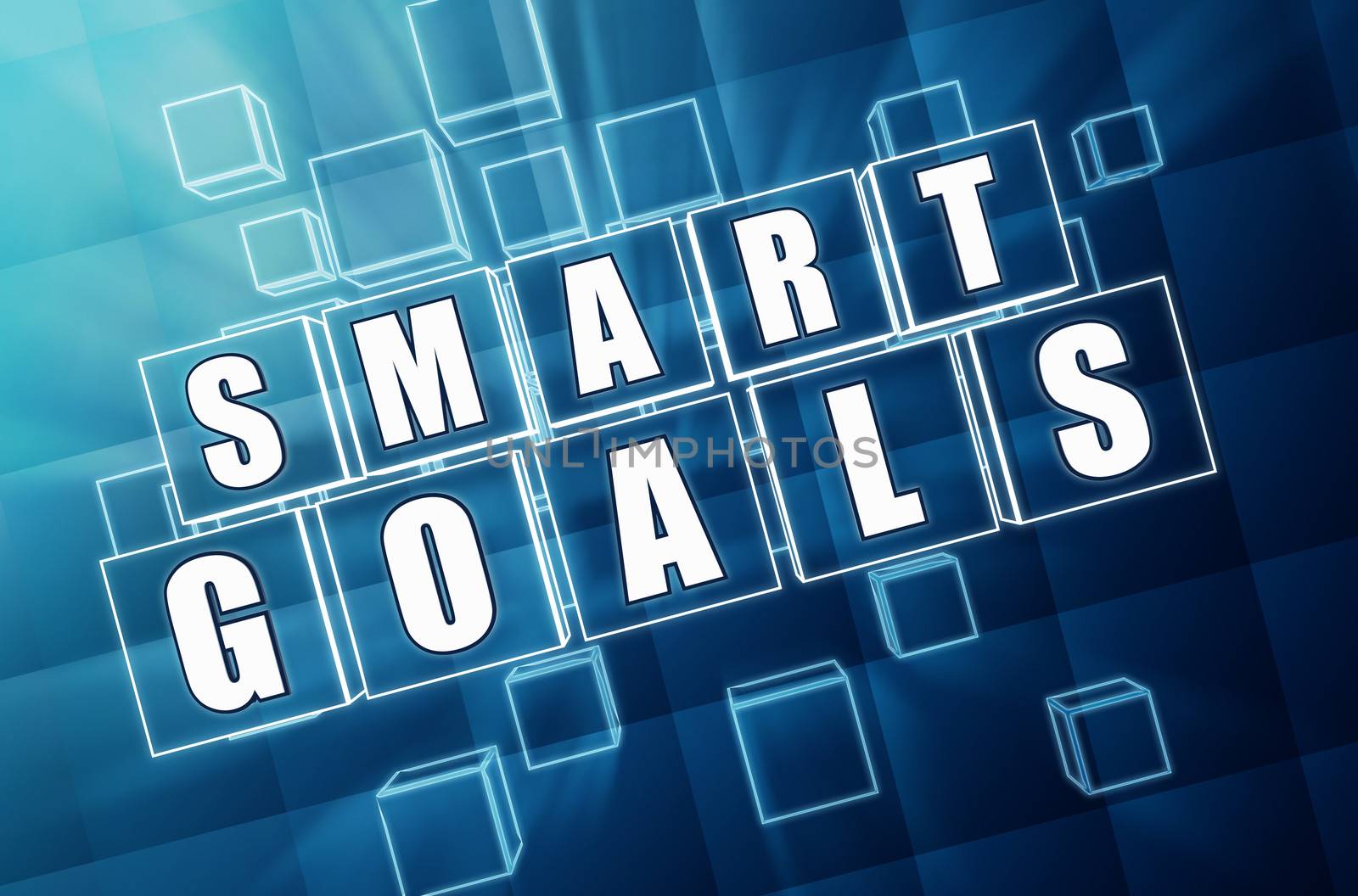 smart goals - text in 3d blue glass cubes with white letters, business success concept