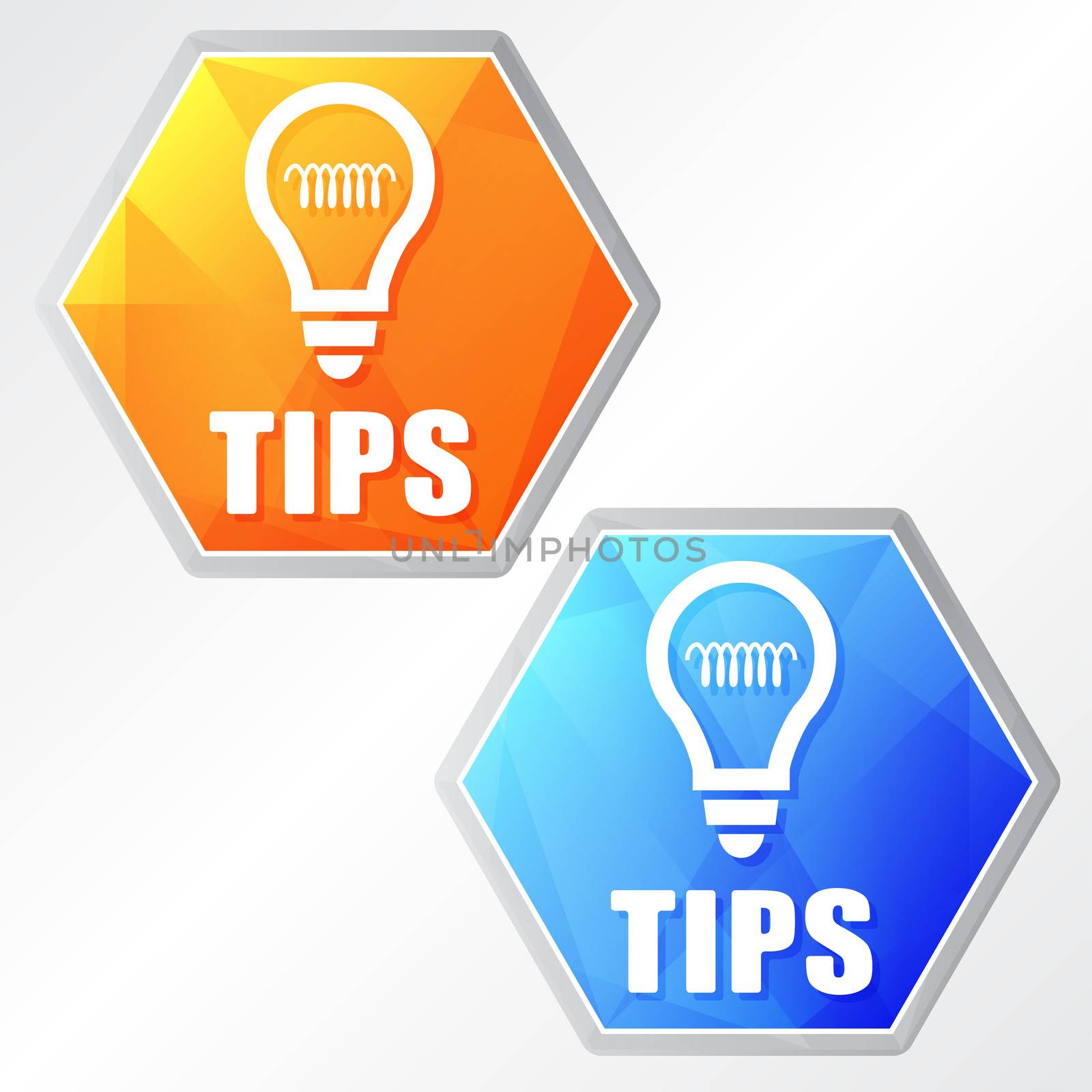 tips and bulb sign, two colors hexagons web icons, flat design, business support concept