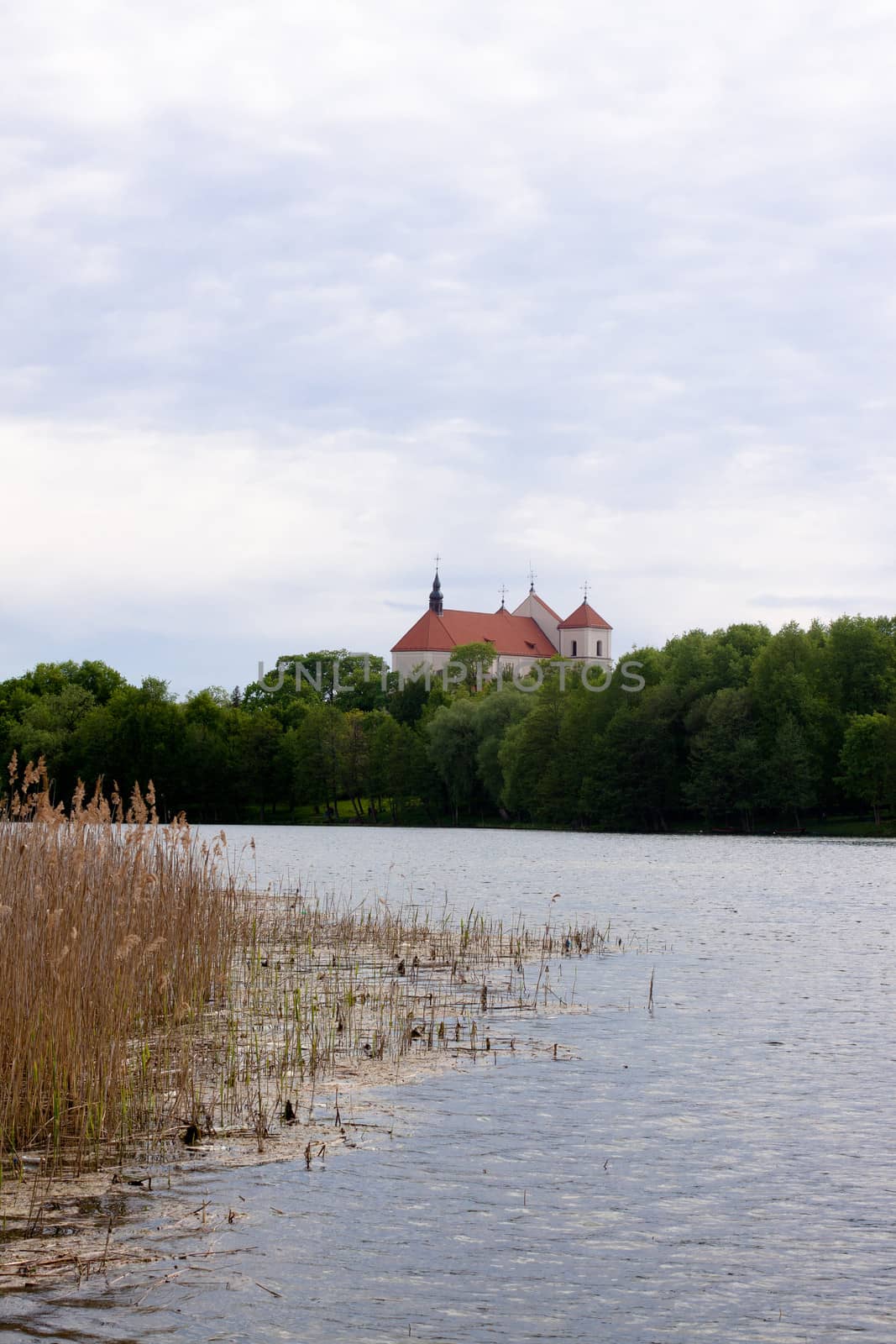A landscape with lake and Trakaj castle in Lithuania
