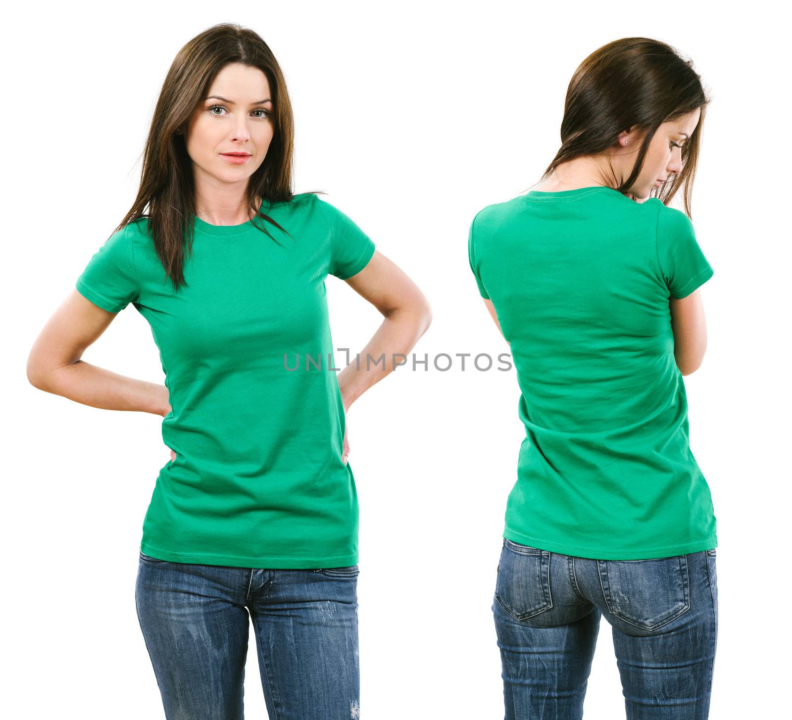 Photo of a beautiful brunette woman with blank green shirt. Ready for your design or artwork.