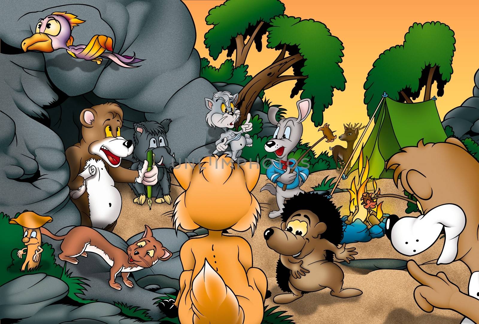 Animals Camping - Cartoon Background Illustration, Bitmap