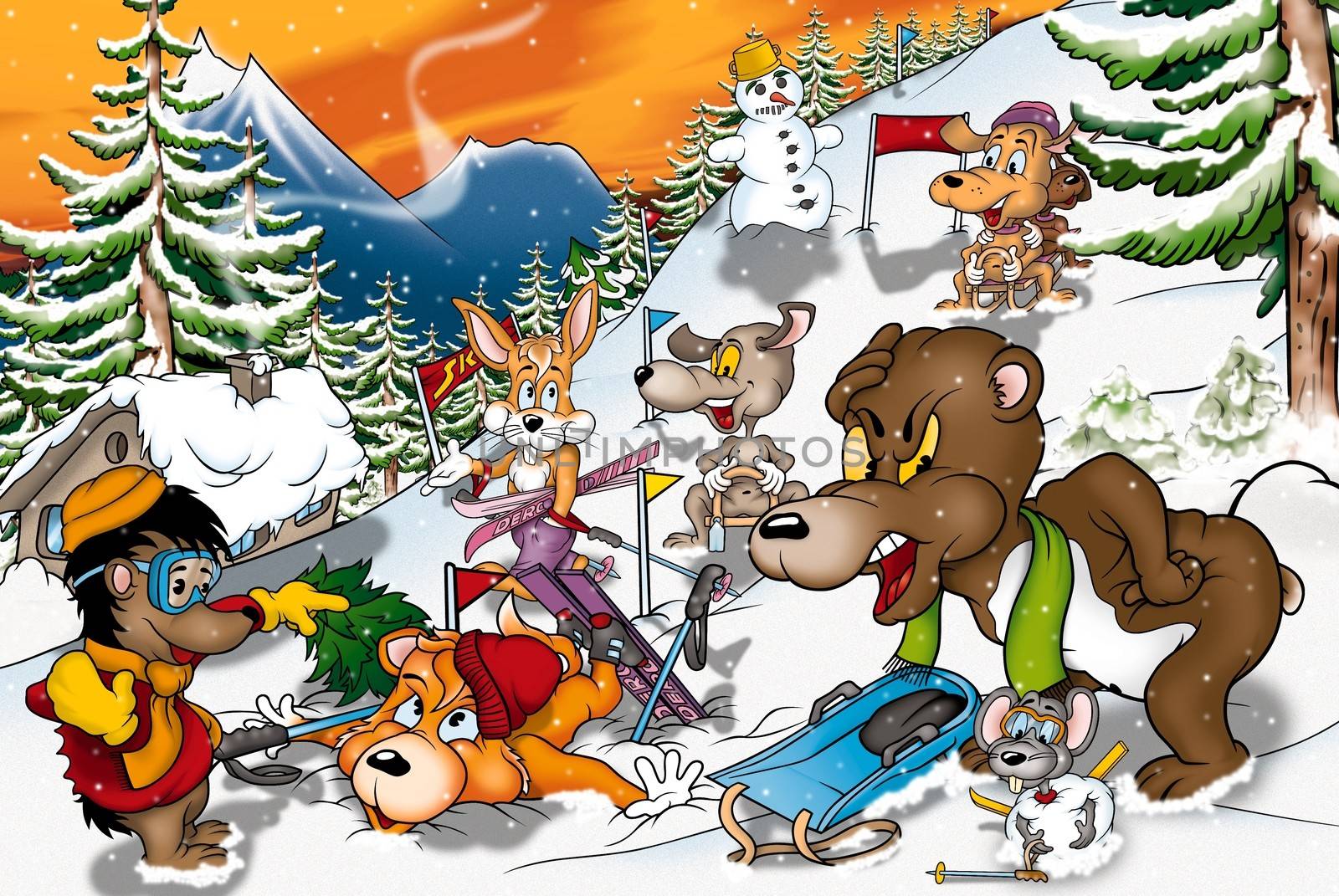 Animals In Winter - Cartoon Background Illustration, Bitmap