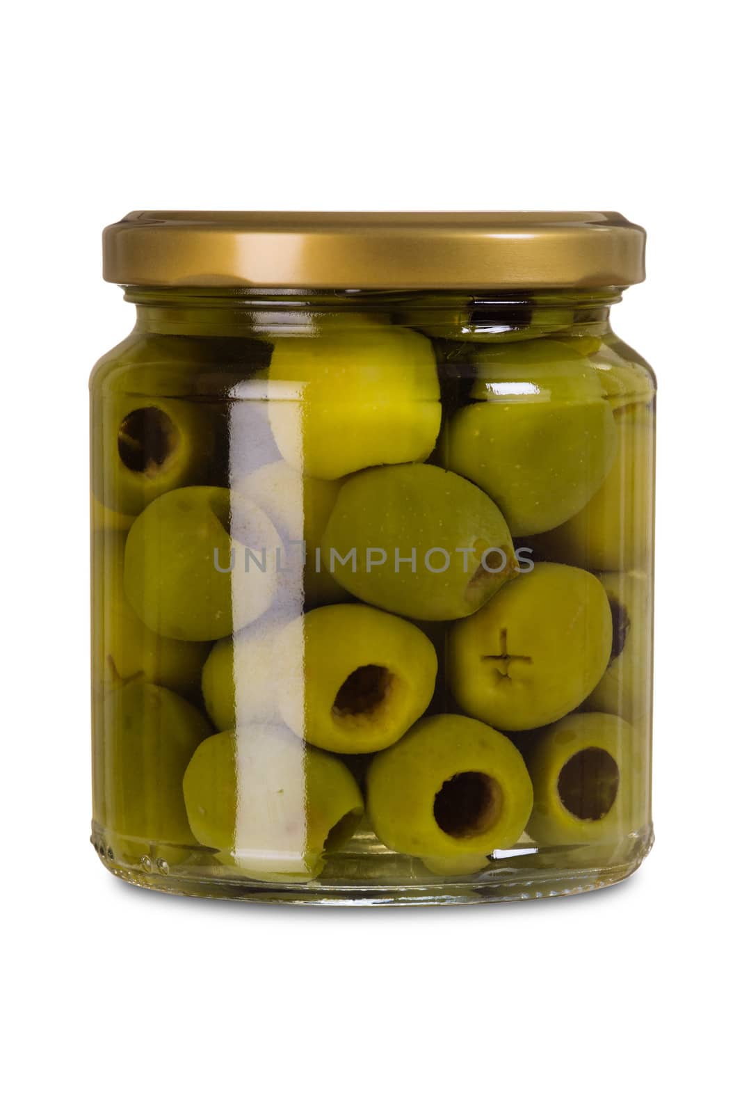 Photo of a jar of olives isolated over white background.  Clipping path included.
