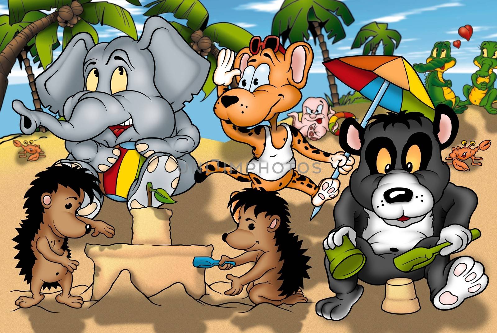 Animals On The Beach - Cartoon Background Illustration, Bitmap