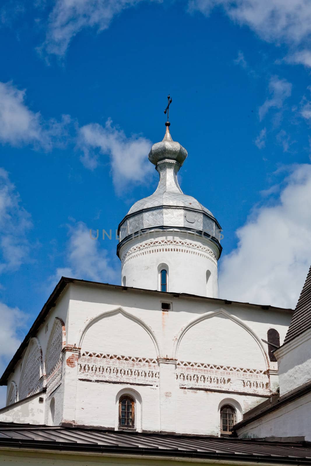 White orthodox church in Ferapontov monastery in summer day
