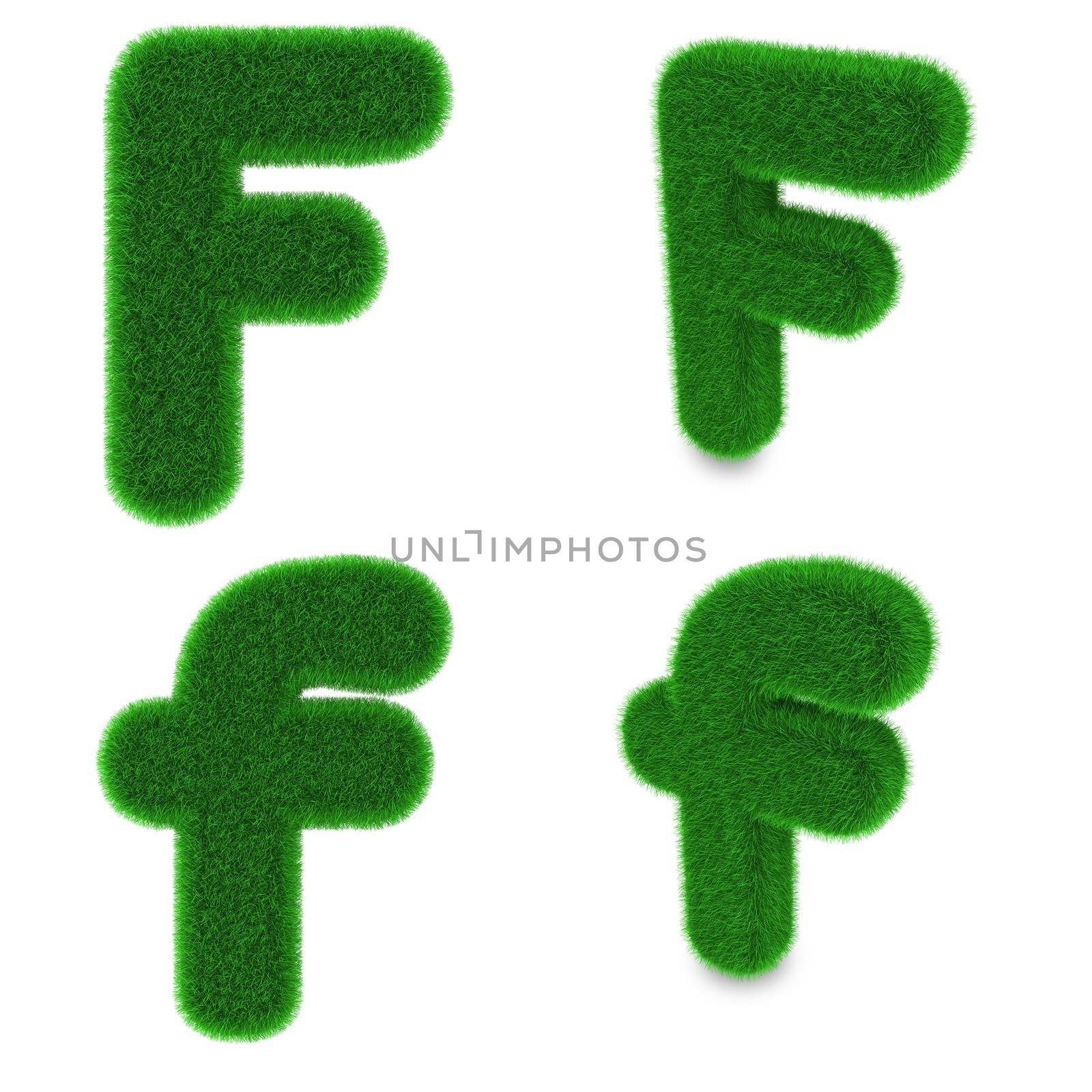 Letter F covered by green grass isolated on white background