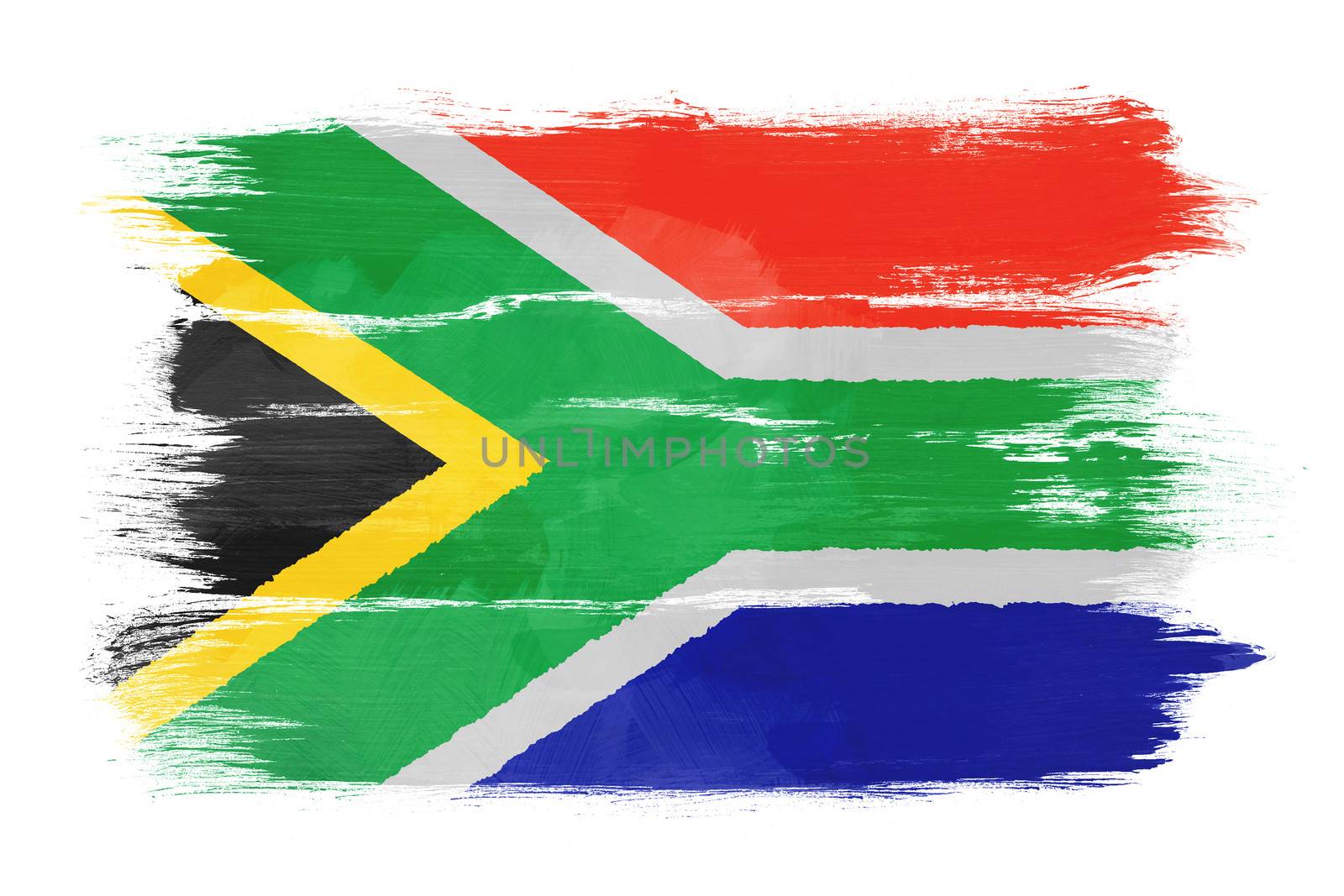 The Republic of South Africa flag painted on white paper with watercolor