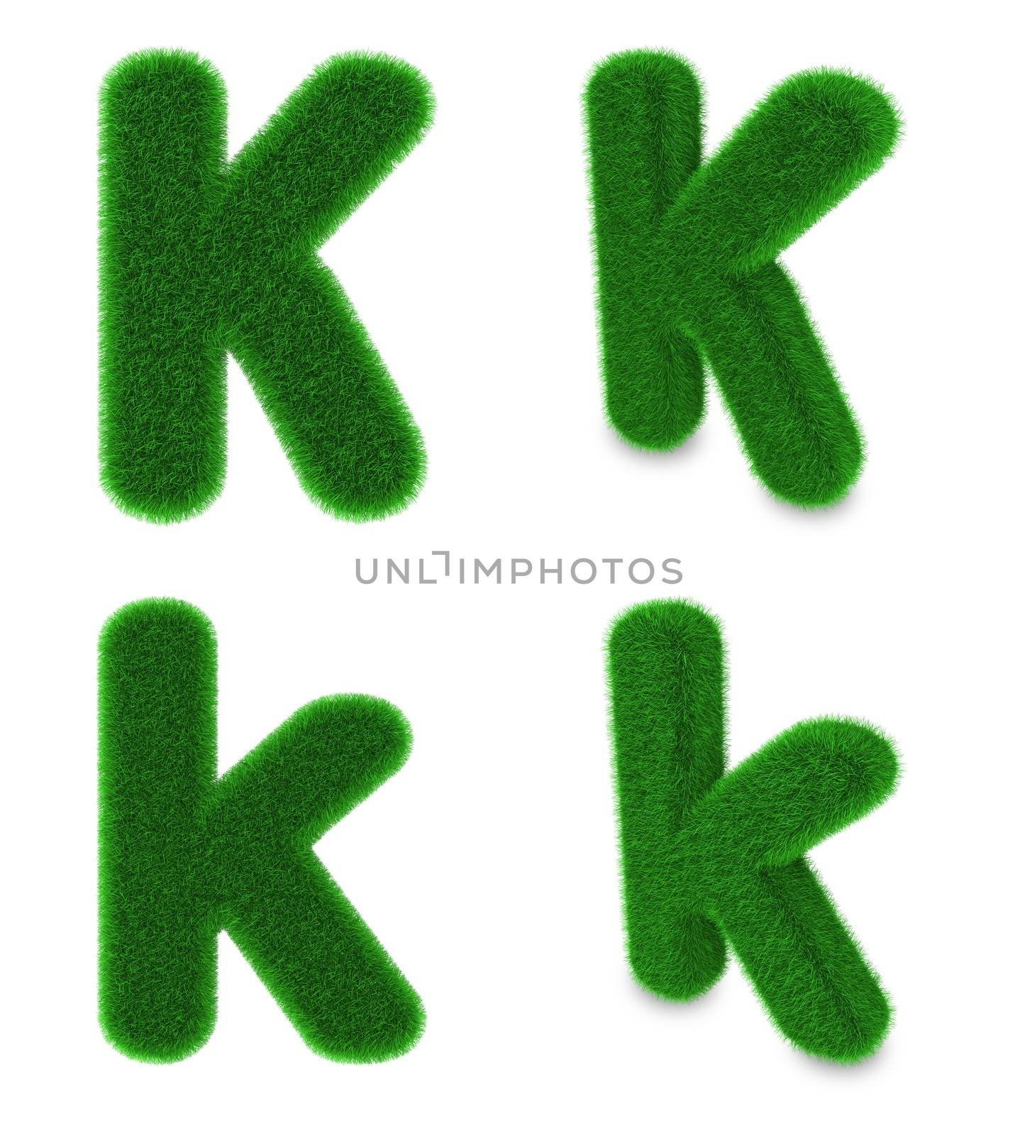 Letter K covered by green grass isolated on white background
